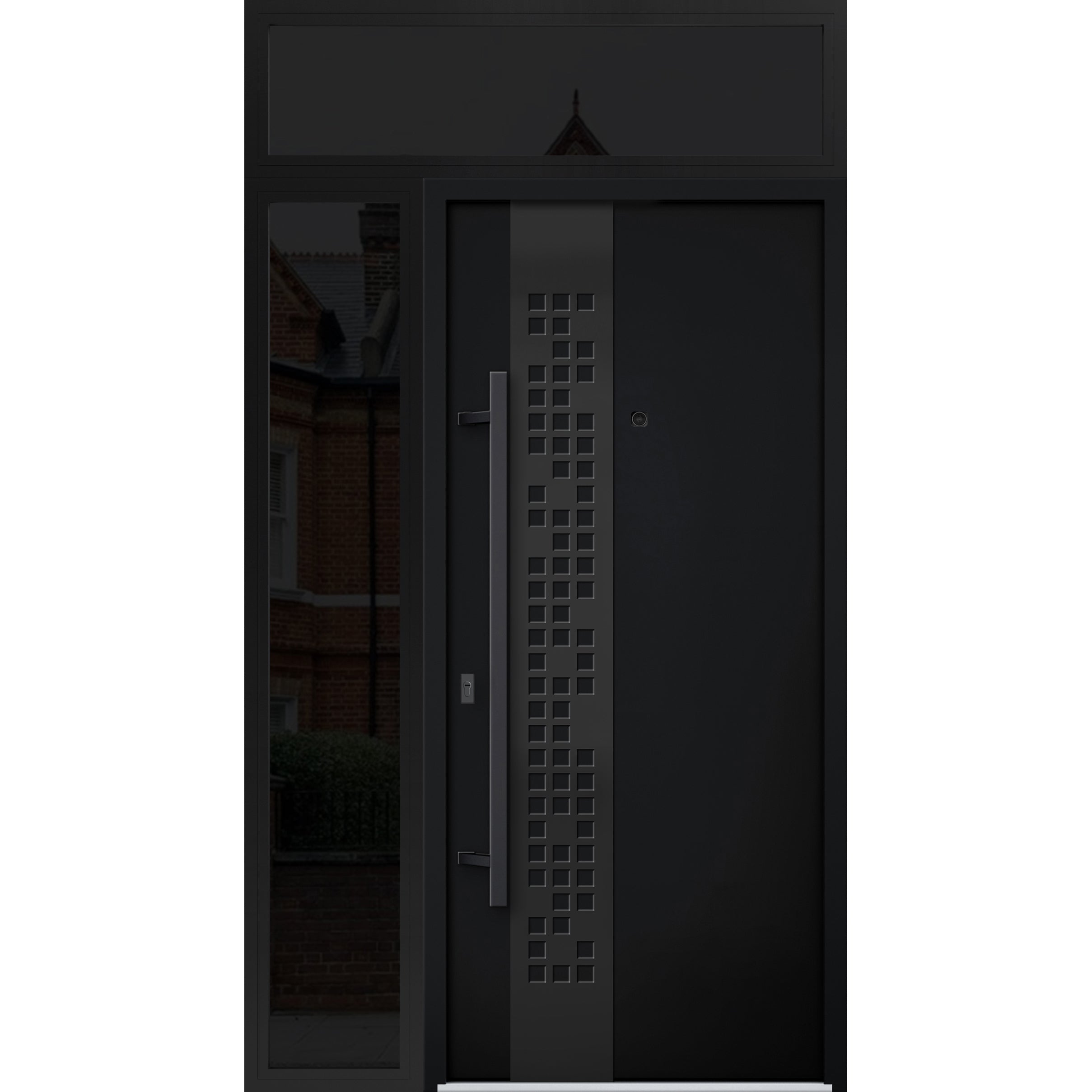 Front Exterior Prehung Steel Door / Deux 6078 Black Enamel / Sidelight and Transom Window Sidelite / Entry Metal Modern Painted W36+14" x H80+16" Right hand Inswing Black