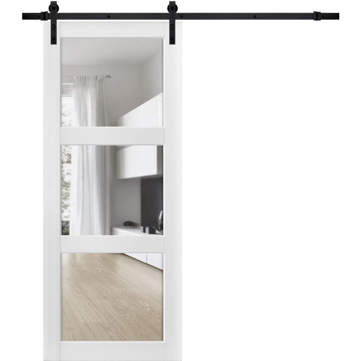 Sturdy Barn Door | Lucia 2555 Matte Black with Clear Glass | 6.6FT Rail Hangers Heavy Hardware Set | Solid Panel Interior Doors White