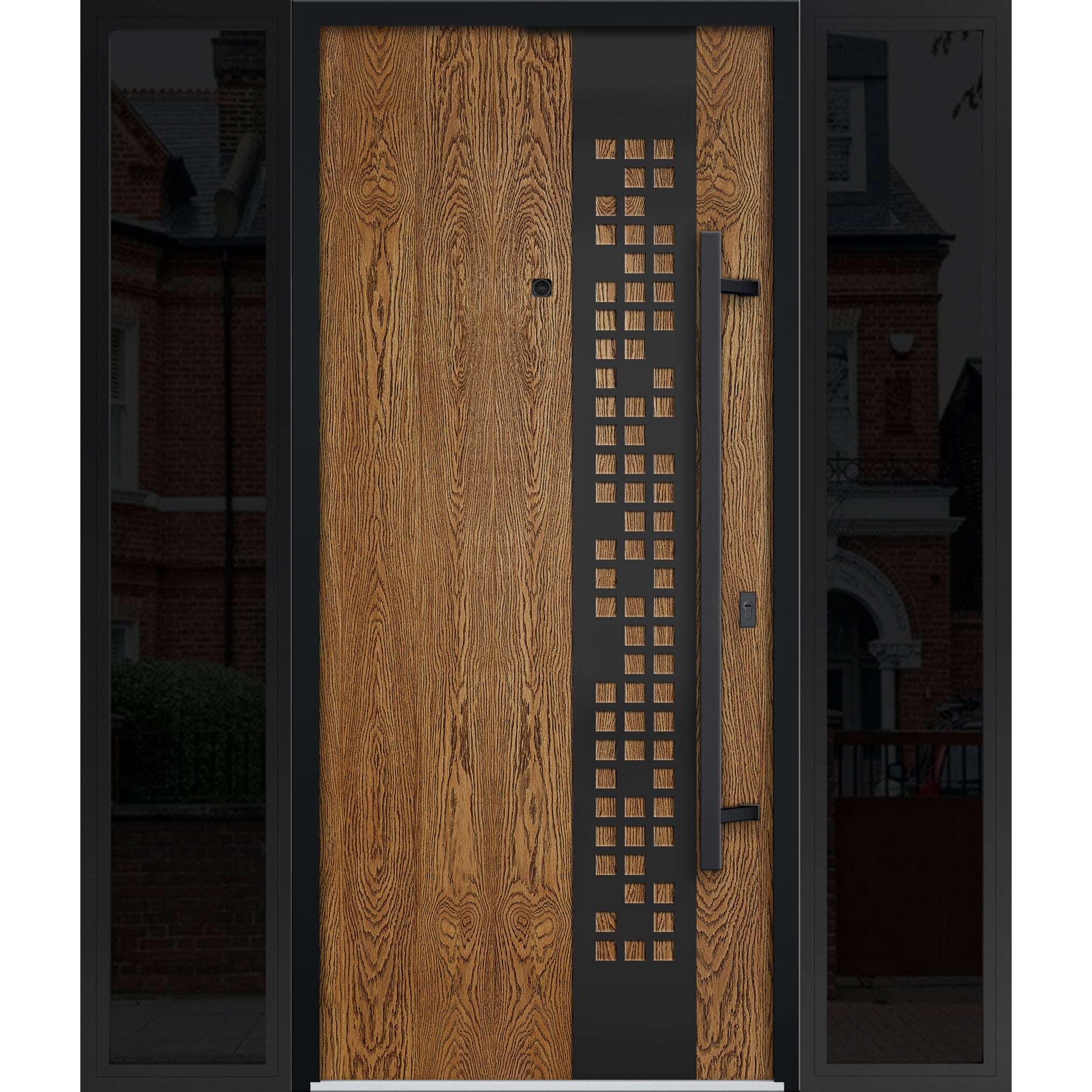 Front Exterior Prehung Steel Door / Deux 6678 Natural Oak / 2 Sidelight Exterior Windows Sidelites/ Entry Metal Modern Painted W14+36+14" x H80" Left hand Inswing Oak