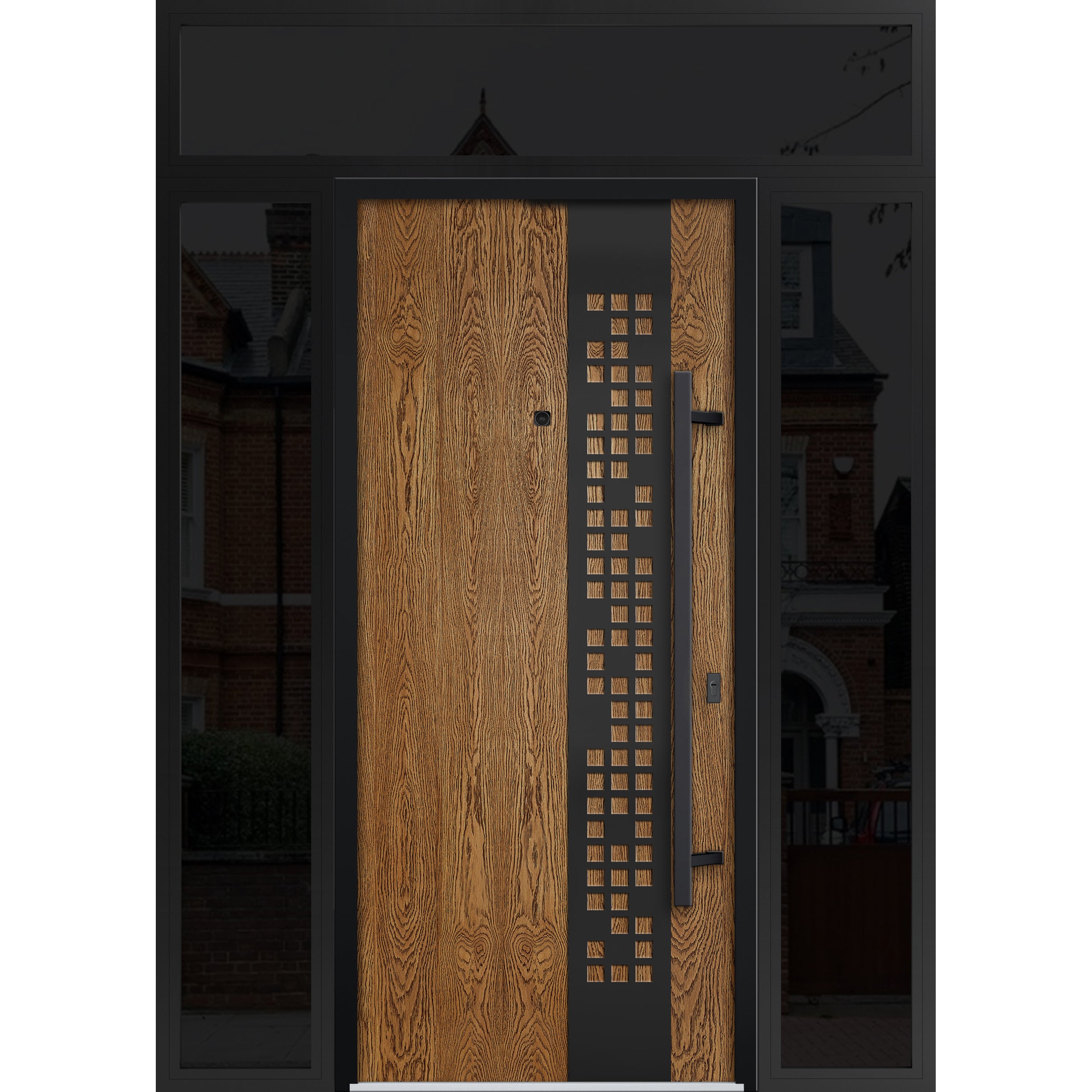 Front Exterior Prehung Steel Door / Deux 6678 Natural Oak / 2 Sidelight and Transom Window Sidelite / Entry Metal Modern Painted W16+36+16" x H80+16" Left hand Inswing Oak
