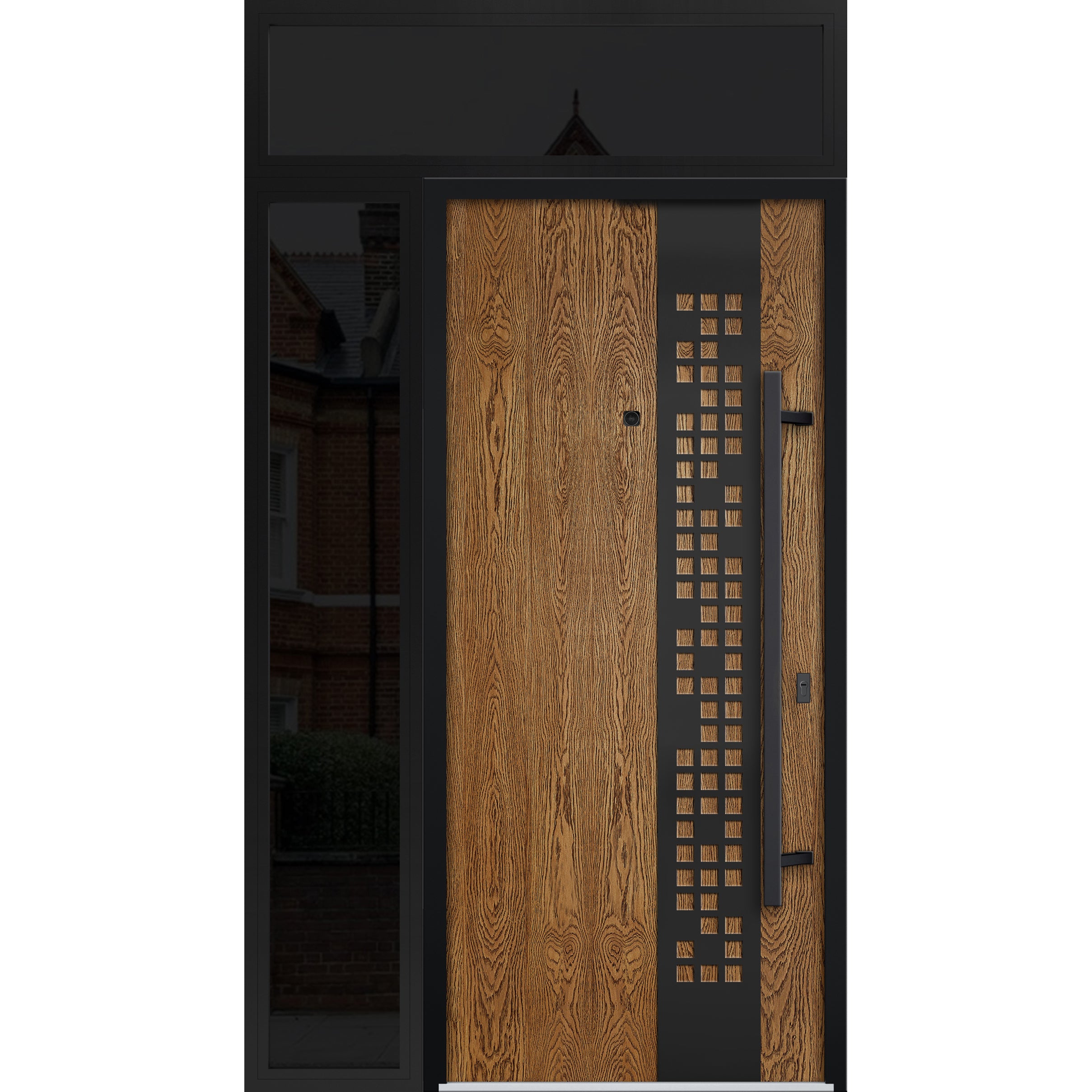 Front Exterior Prehung Steel Door / Deux 6678 Natural Oak / Sidelight and Transom Window Sidelite / Entry Metal Modern Painted W36+12" x H80+16" Left hand Inswing Oak