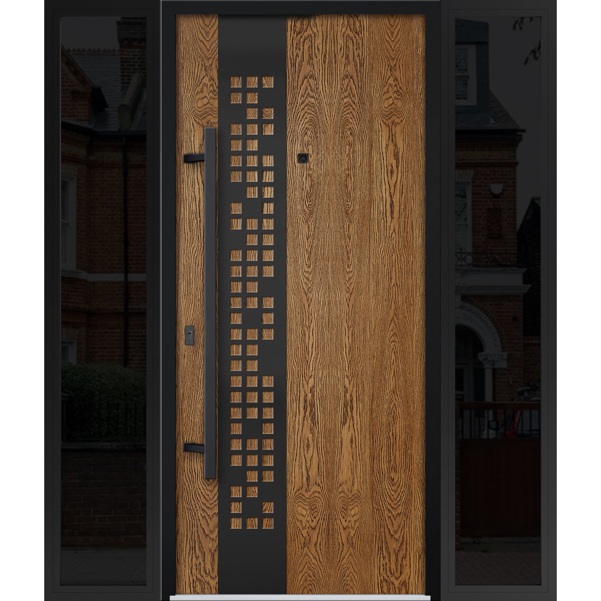 Front Exterior Prehung Steel Door / Deux 6678 Natural Oak / 2 Sidelight Exterior Windows Sidelites/ Entry Metal Modern Painted W12+36+12" x H80" Right hand Inswing Oak