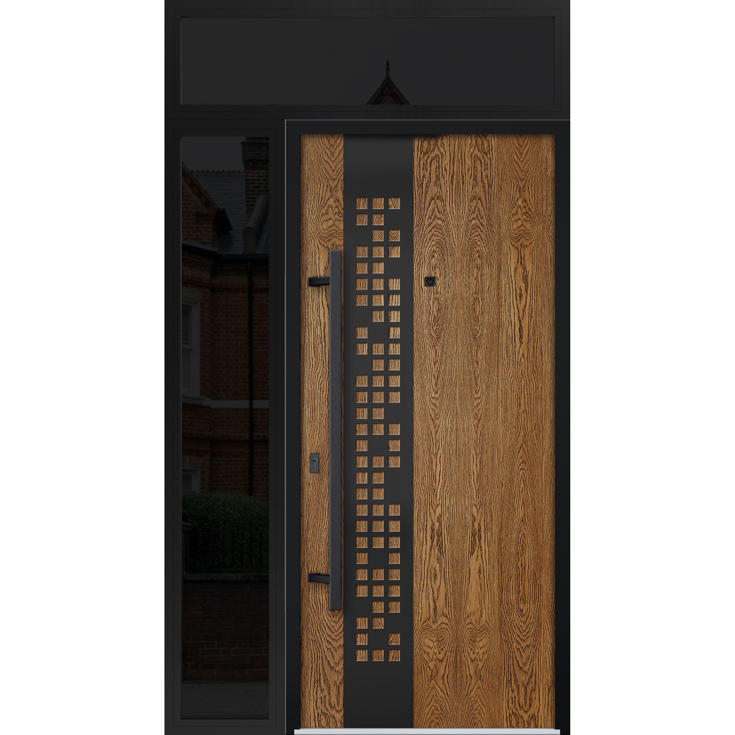Front Exterior Prehung Steel Door / Deux 6678 Natural Oak / Sidelight and Transom Window Sidelite / Entry Metal Modern Painted W36+12" x H80+16" Right hand Inswing Oak