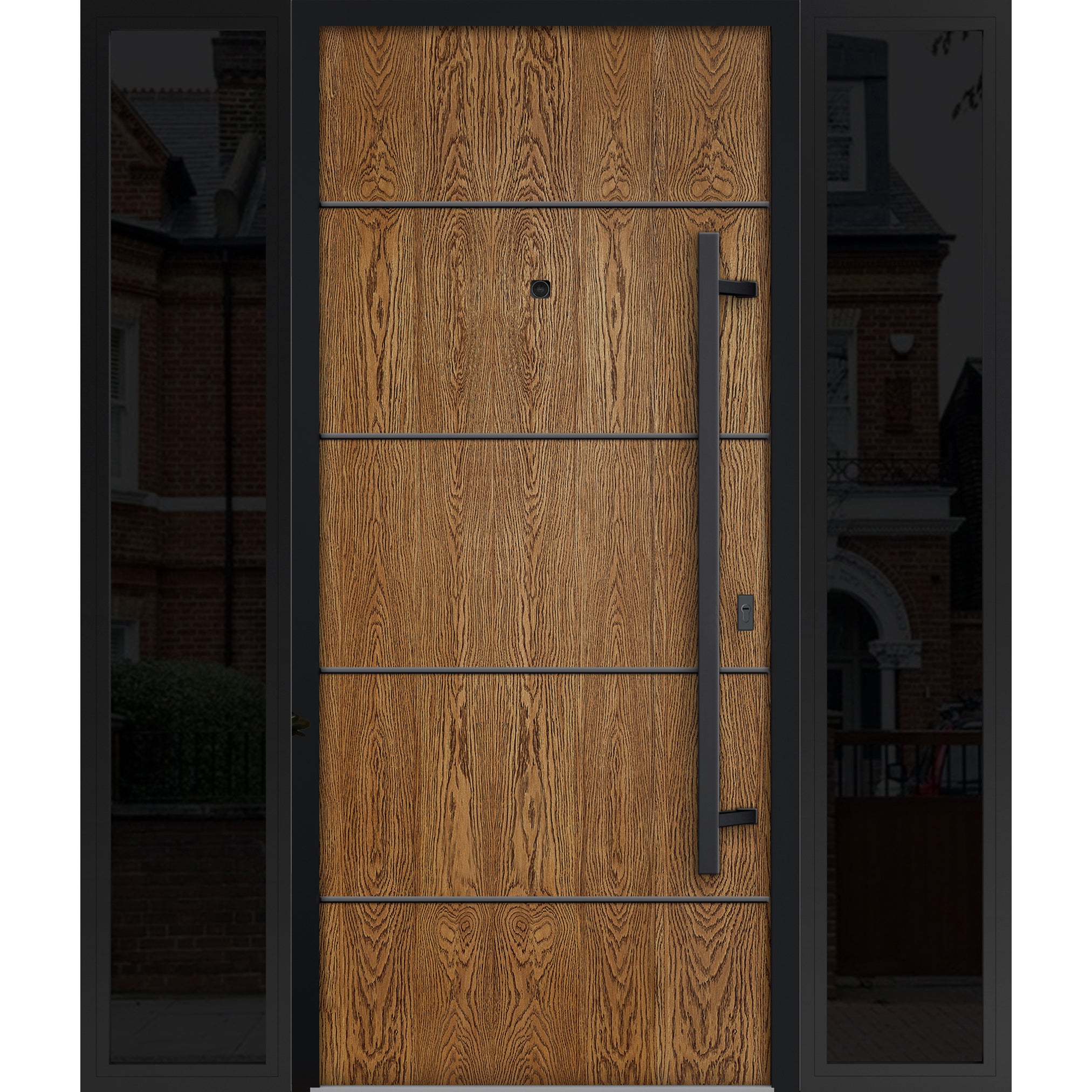 Front Exterior Prehung Steel Door / Deux 6683 Natural Oak / 2 Sidelight Exterior Windows Sidelites/ Entry Metal Modern Painted W12+36+12" x H80" Left hand Inswing Oak