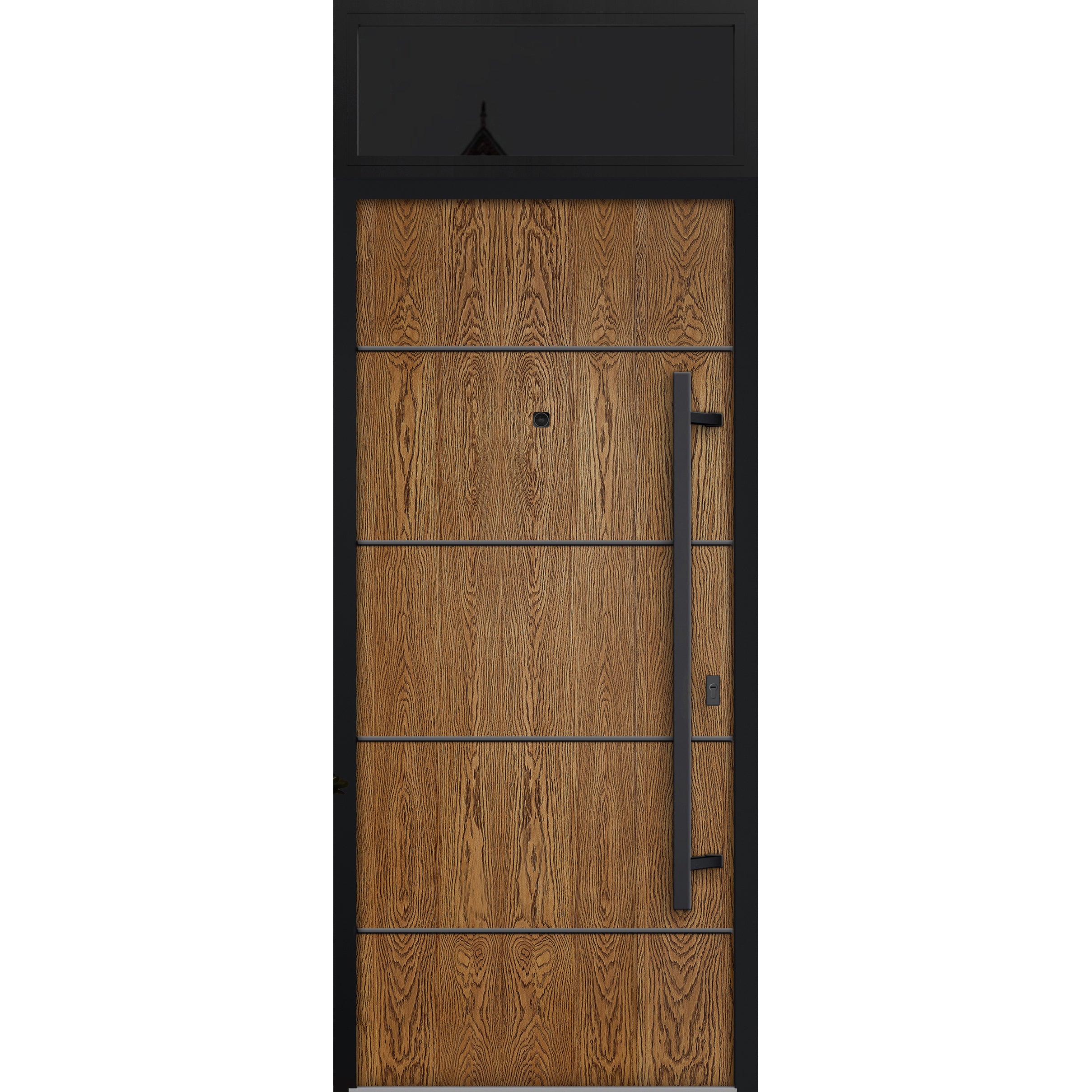Front Exterior Prehung Steel Door / Deux 6683 Natural Oak / Transom Window Sidelite / Entry Metal Modern Painted W36" x H80+16" Left hand Inswing Oak