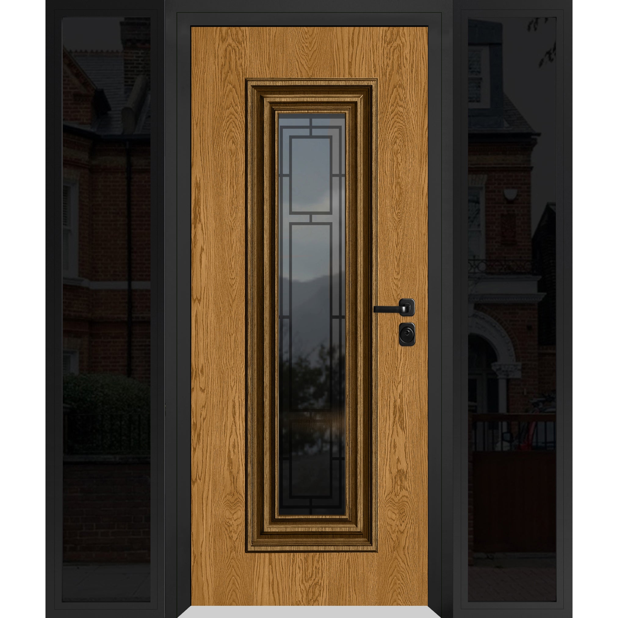 Front Exterior Prehung Steel Door / Ballucio 6044 Gray Graphite / 2 Side Exterior Windows / Stainless Inserts Single Modern Painted-W12+36+12" x H80"-Left-hand Inswing Oak