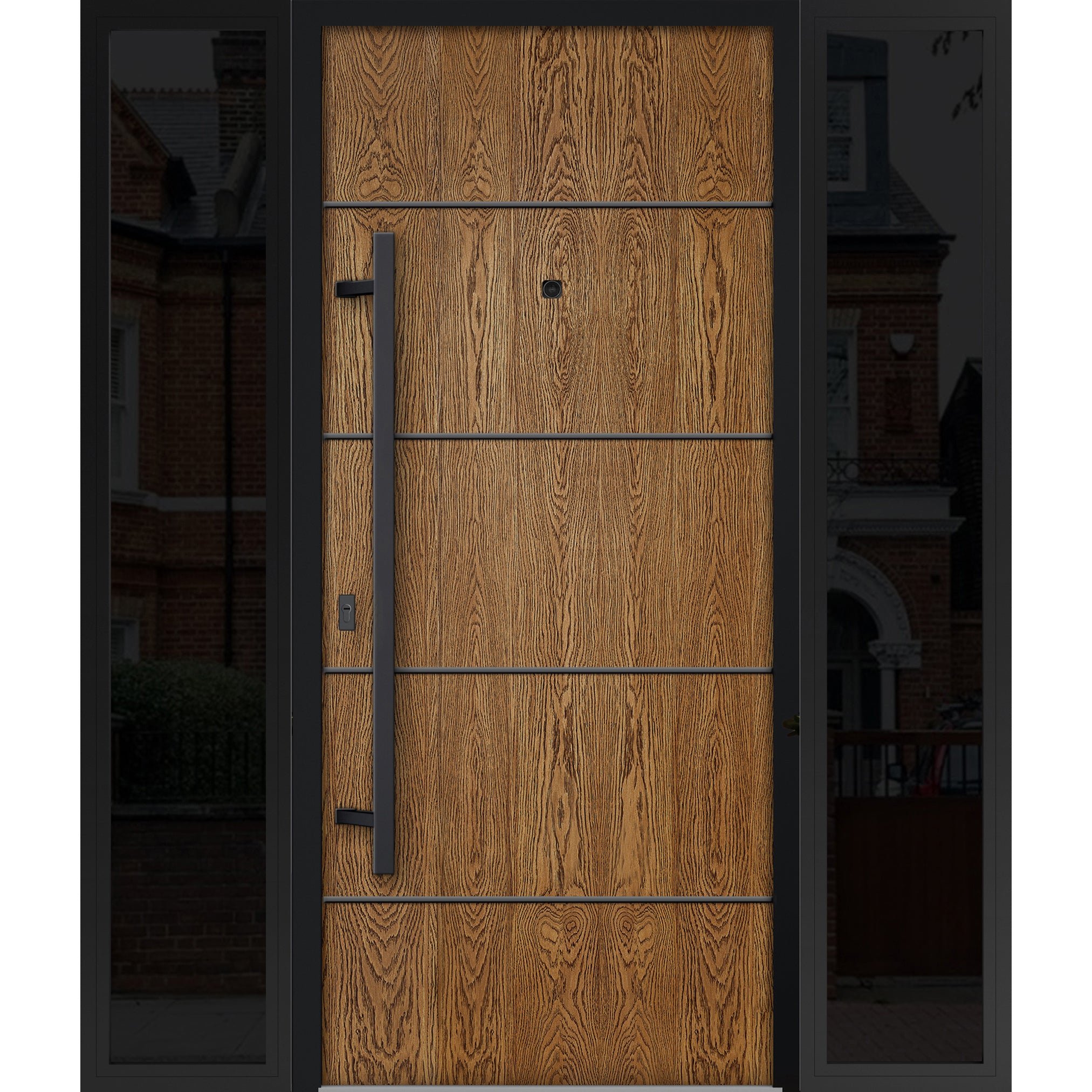 Front Exterior Prehung Steel Door / Deux 6683 Natural Oak / 2 Sidelight Exterior Windows Sidelites/ Entry Metal Modern Painted W12+36+12" x H80" Right hand Inswing Oak