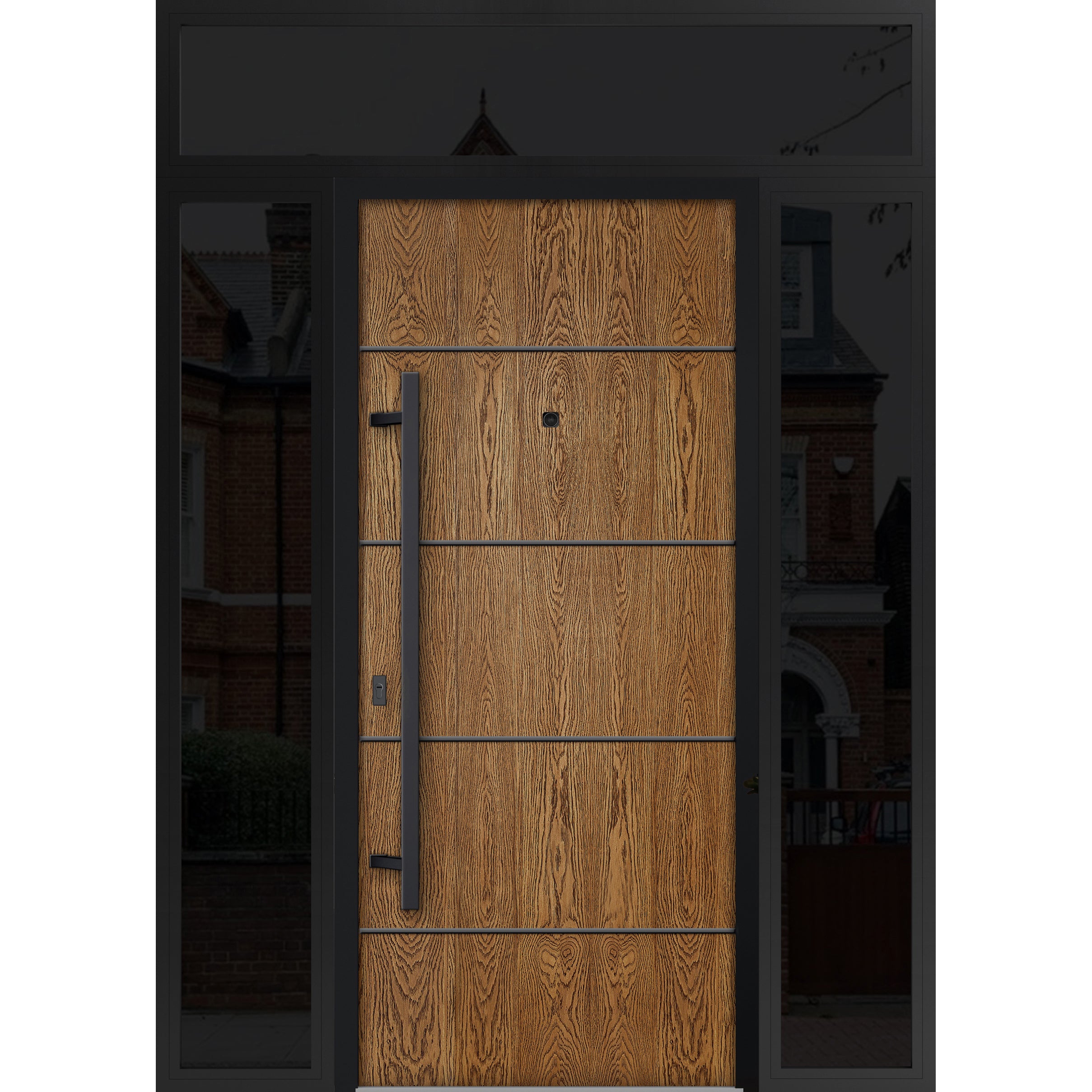 Front Exterior Prehung Steel Door / Deux 6683 Natural Oak / 2 Sidelight and Transom Window Sidelite / Entry Metal Modern Painted W16+36+16" x H80+16" Right hand Inswing Oak