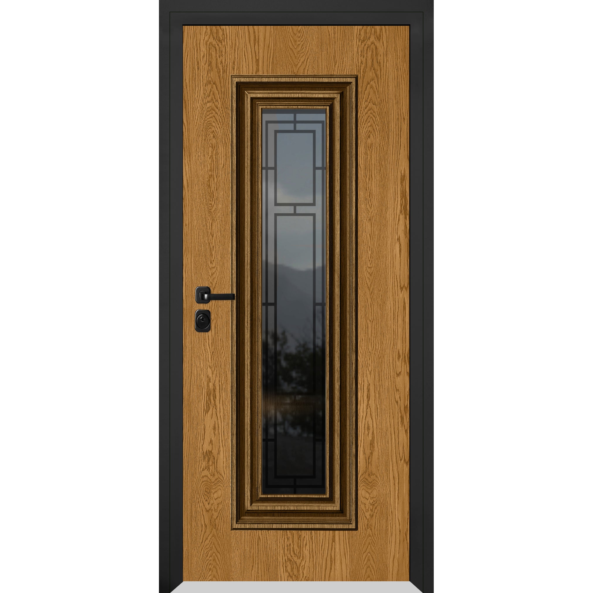 Front Exterior Prehung Steel Door / Ballucio 6044 Gray Graphite / Stainless Inserts Single Modern Painted-W36" x H80"-Right-hand Inswing Oak