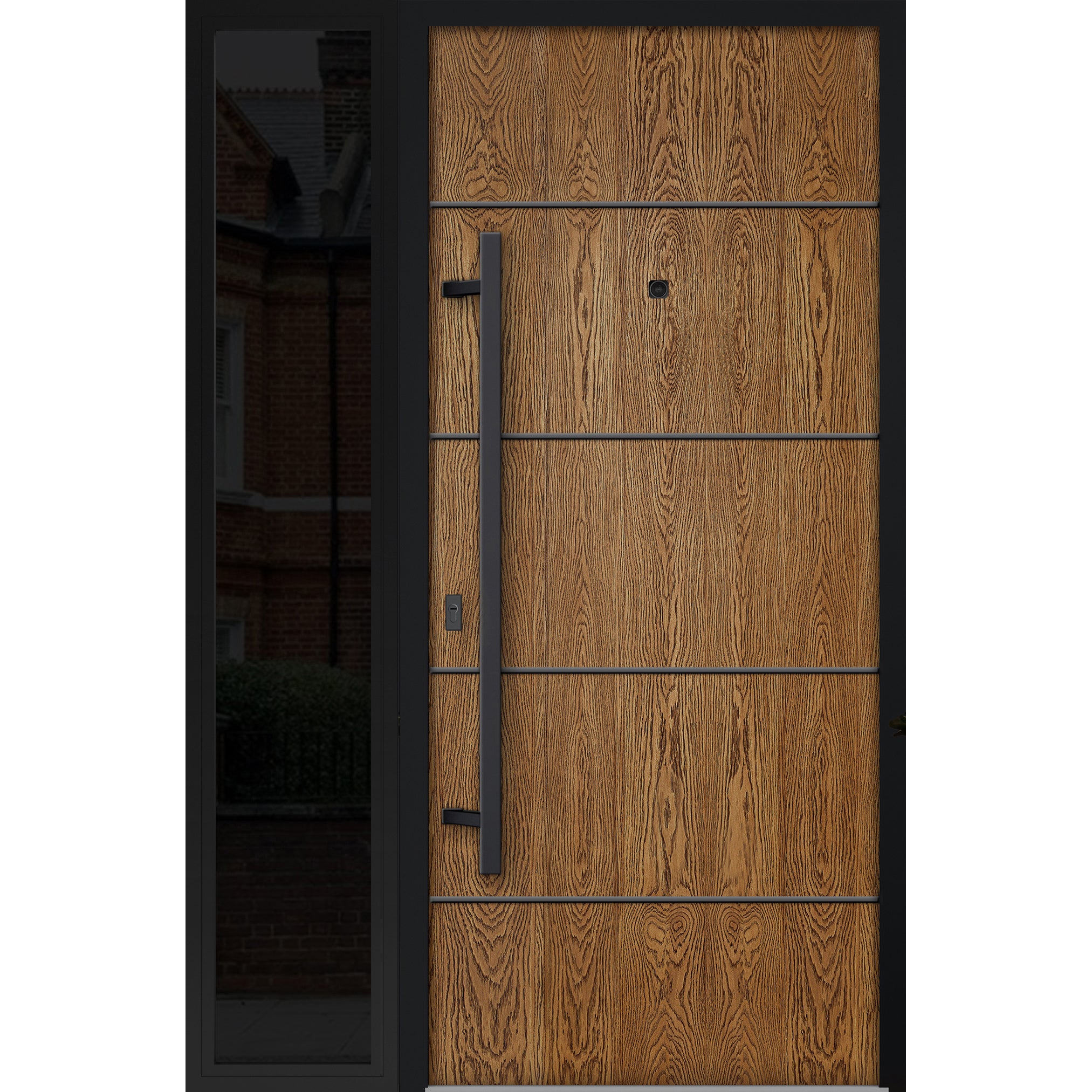 Front Exterior Prehung Steel Door / Deux 6683 Natural Oak / Sidelight Exterior Window Sidelite / Entry Metal Modern Painted W36+12" x H80" Right hand Inswing Oak
