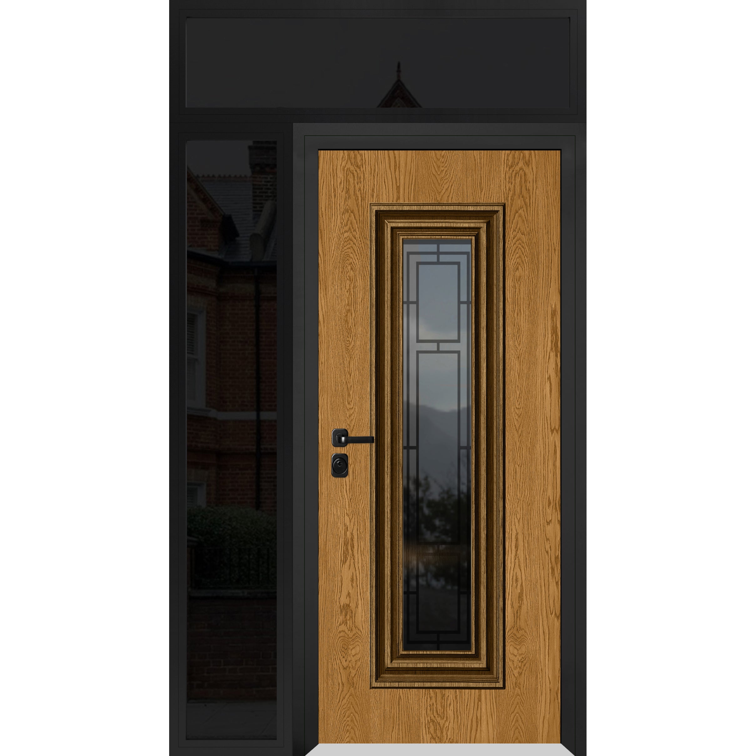 Front Exterior Prehung Steel Door / Ballucio 6044 Gray Graphite / Side and Top Exterior Window / Stainless Inserts Single Modern Painted-W36+12" x H80+16"-Right-hand Inswing Oak