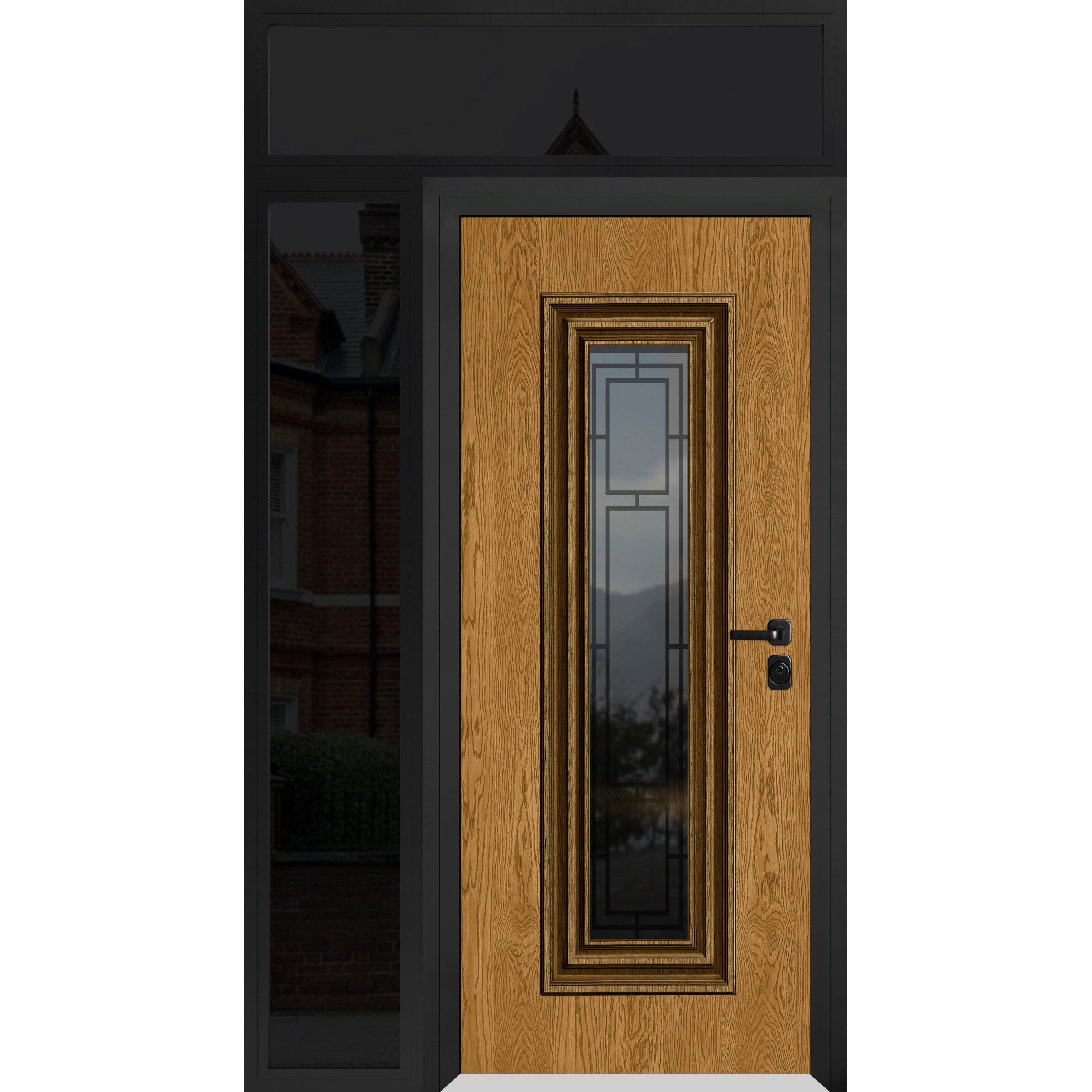 Front Exterior Prehung Steel Door / Ballucio 6044 Gray Graphite / Side and Top Exterior Window / Stainless Inserts Single Modern Painted-W36+16" x H80+16"-Left-hand Inswing Oak
