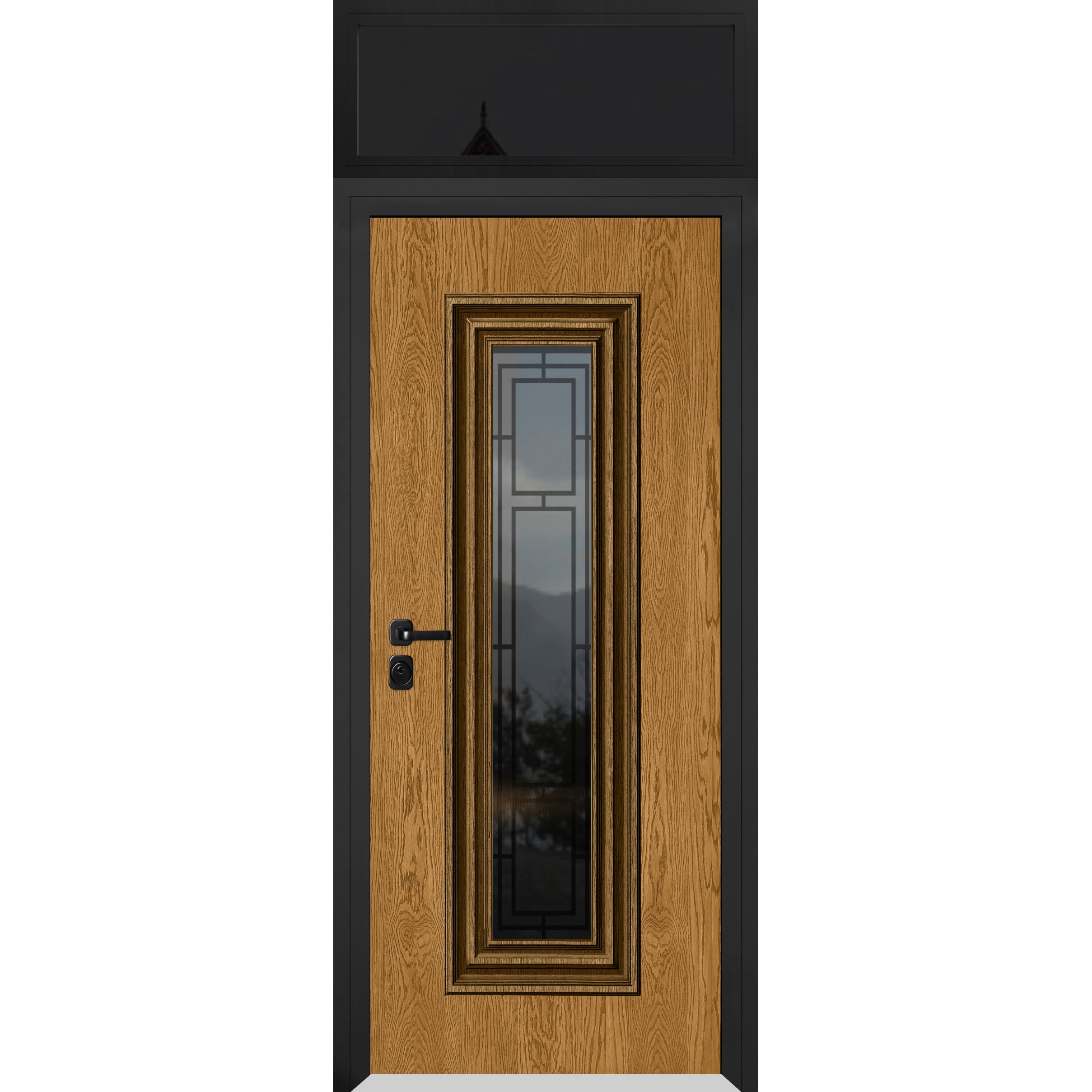 Front Exterior Prehung Steel Door / Ballucio 6044 Gray Graphite / Top Exterior Window / Stainless Inserts Single Modern Painted-W36" x H80+16"-Right-hand Inswing Oak