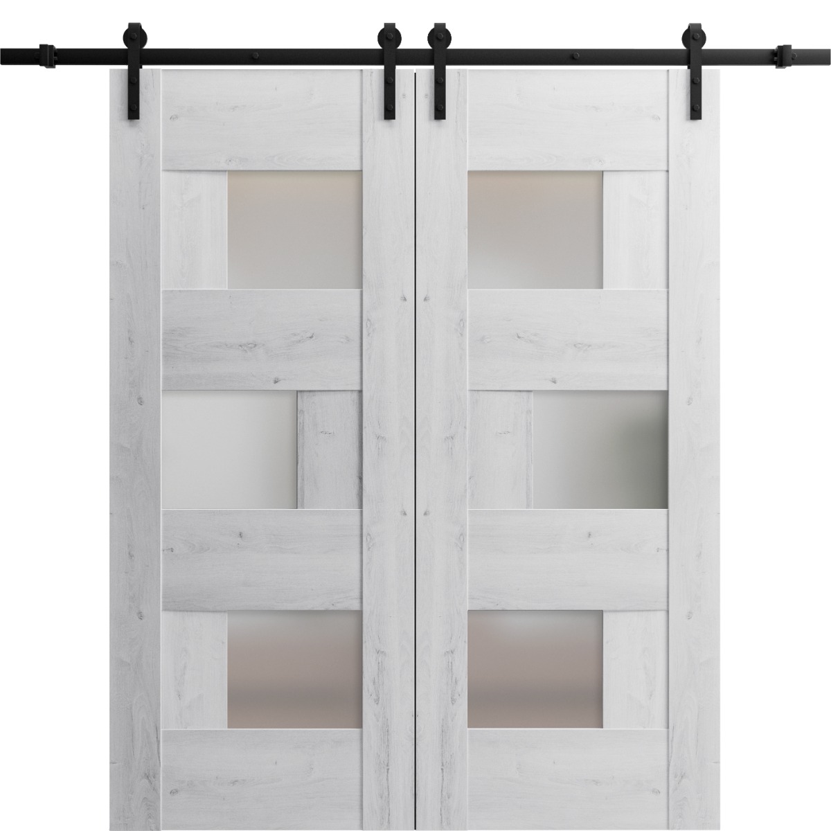 Sturdy Double Barn Door with Frosted Glass | Sete 6933 Nordic White | 13FT Rail Hangers Heavy Set | Solid Panel Interior Doors-64
