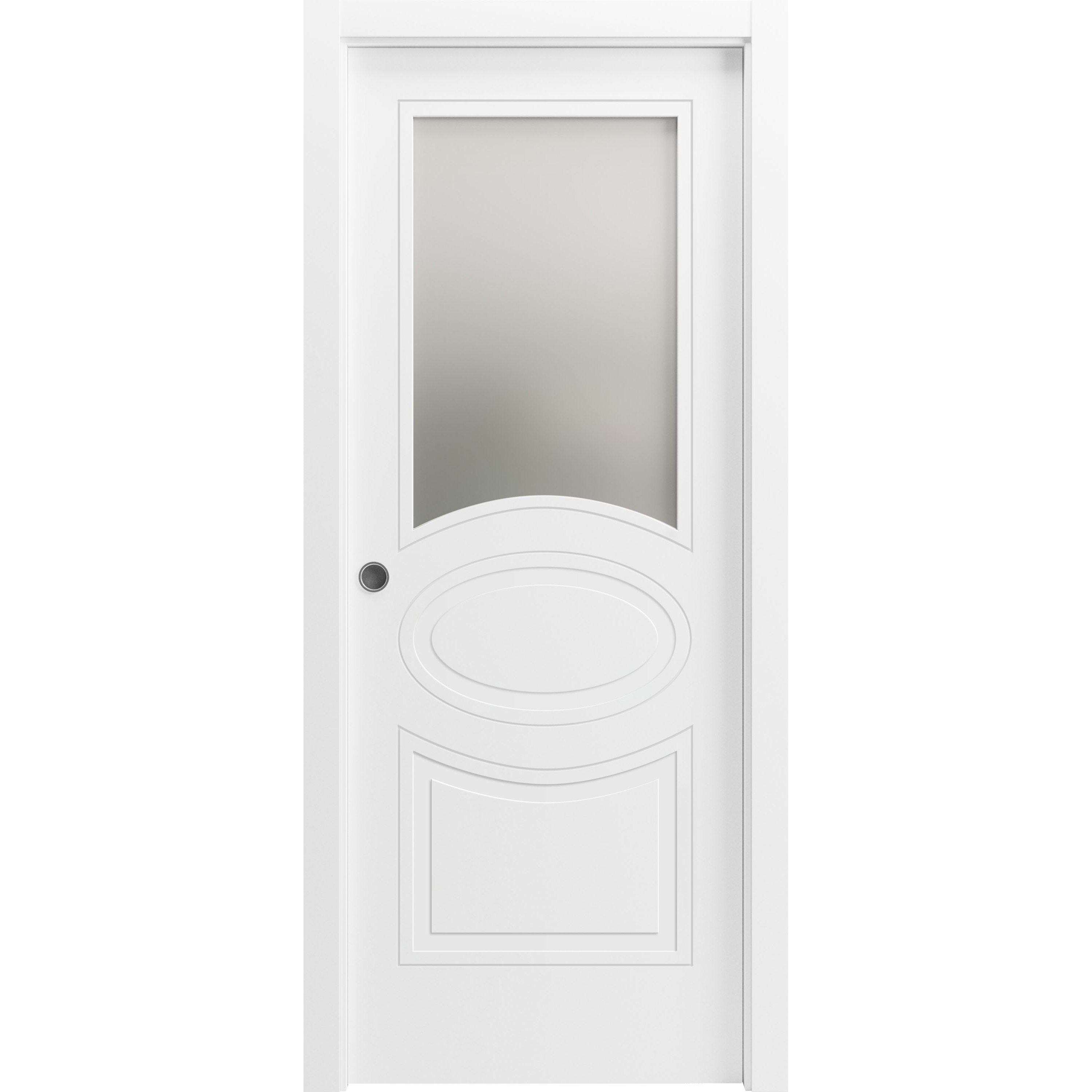 Sliding Pocket Door 28 x 80 inches with Opaque Glass / Mela 7012 Matte White / Kit Rail Hardware / MDF Interior Bedroom Modern Doors