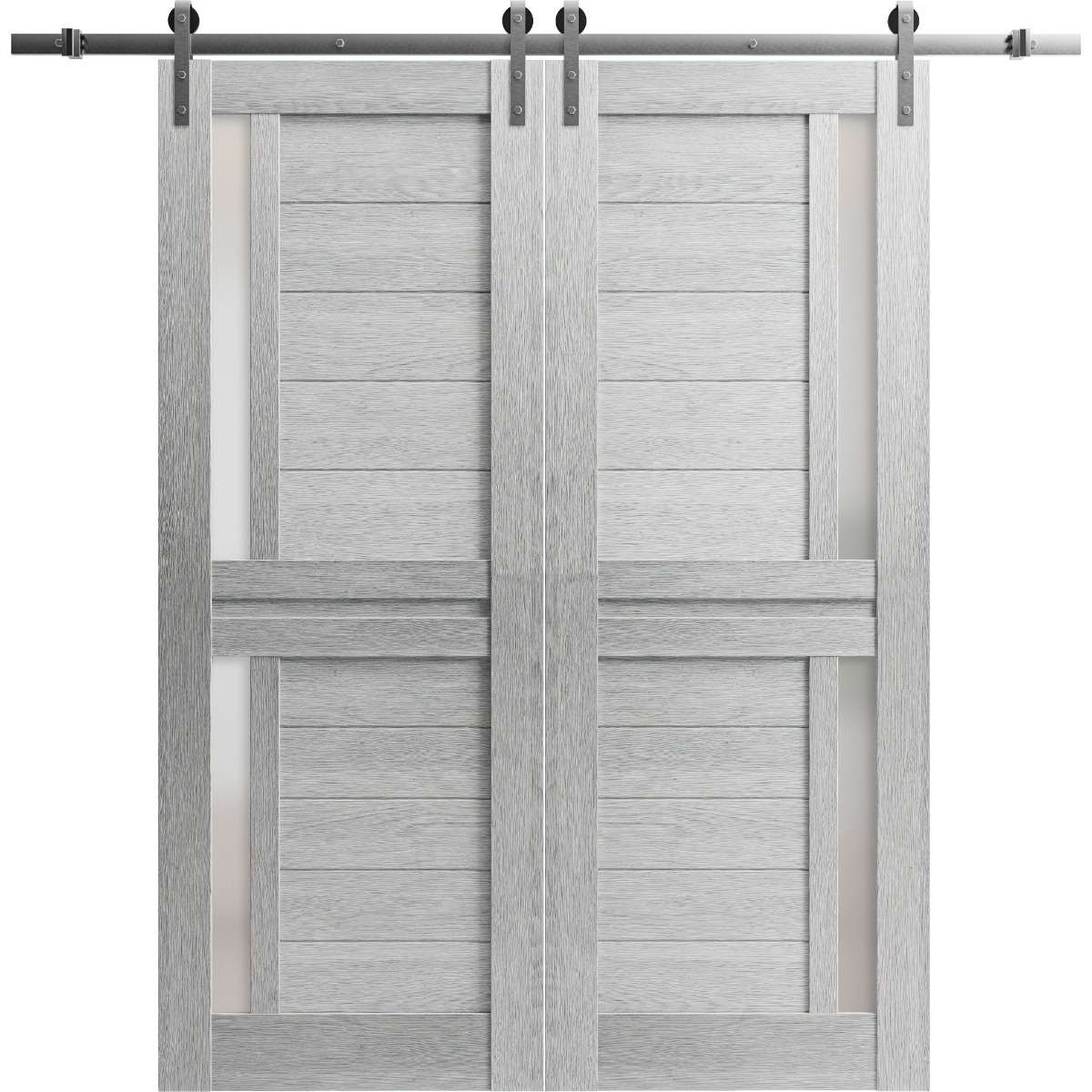 Sturdy Double Barn Door with Frosted Glass | Veregio 7288 White Silk | 13FT Rail Hangers Heavy Set | Solid Panel Interior Doors-64" x 84" (2* 32x84) Light Grey Oak