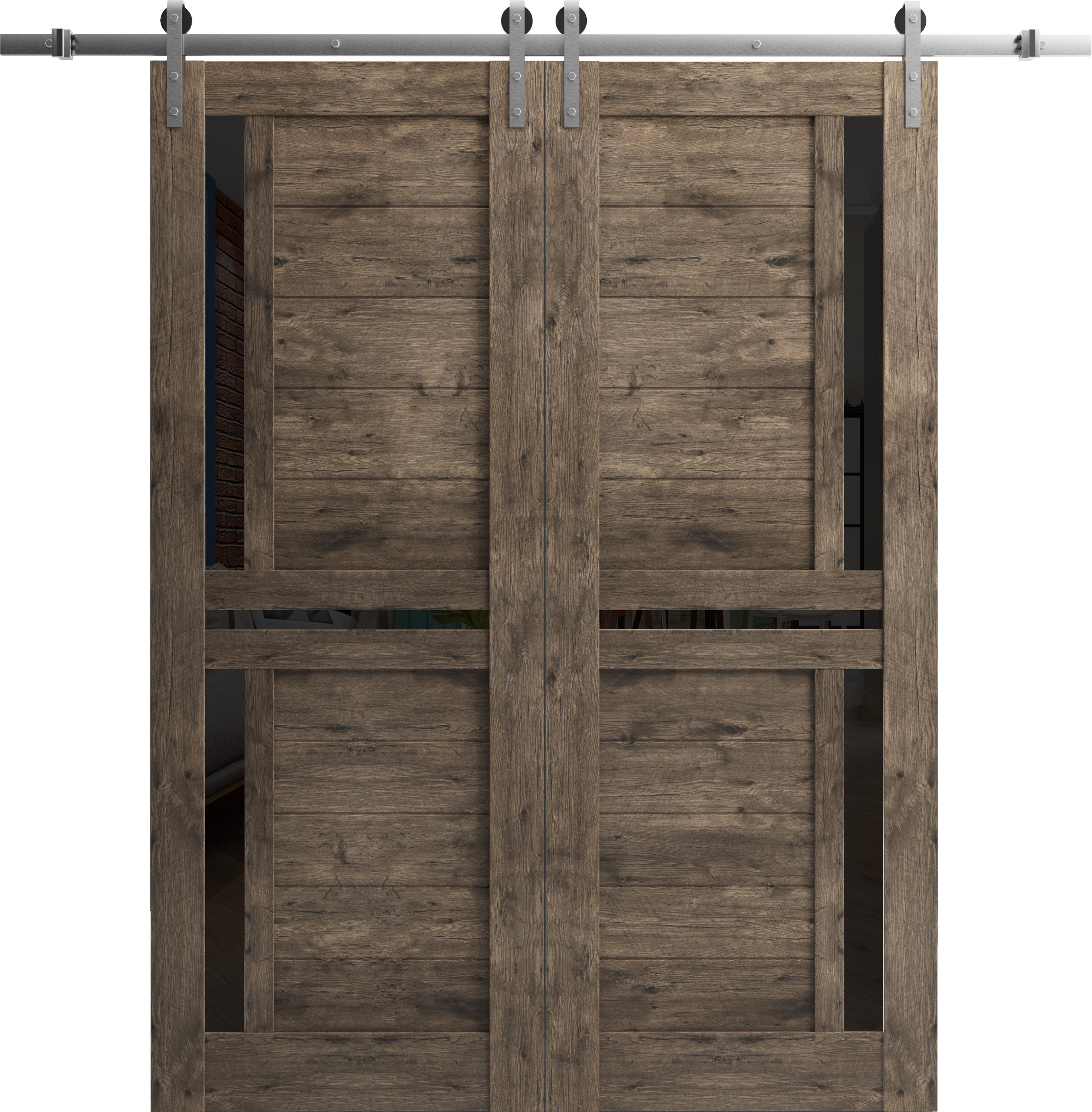 Sturdy Double Barn Door with Frosted Glass | Veregio 7288 White Silk | 13FT Rail Hangers Heavy Set | Solid Panel Interior Doors-36" x 96" (2* 18x96) White