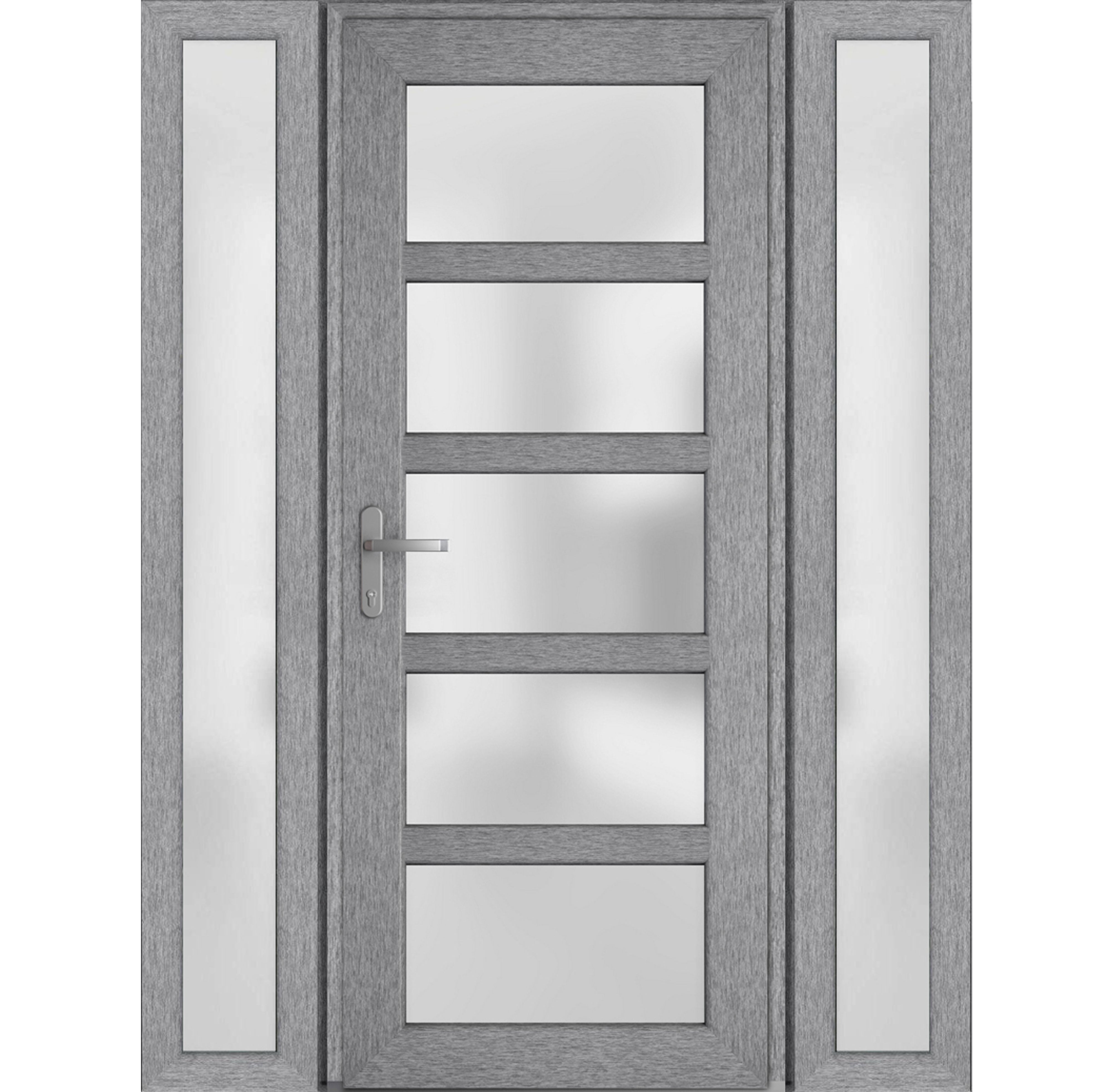 Front Exterior Prehung FiberGlass Door Frosted Glass / Manux 8002 White Silk / 2 Sidelight Exterior Windows / Office Commercial and Residential Doors Entrance Patio Garage-W12+36+12" x H80"-Right-hand Inswing Gray Ash