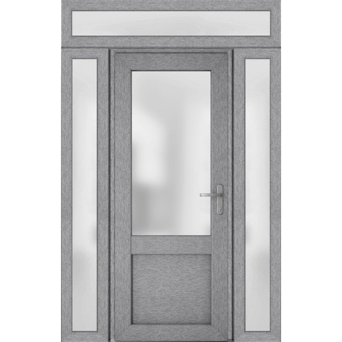 Front Exterior Prehung FiberGlass Door Frosted Glass / Manux 8422 White Silk / 2 Sidelight and Transom Window / Office Commercial and Residential Doors Entrance Patio Garage-W12+36+12" x H80+14"-Left-hand Inswing Gray Ash