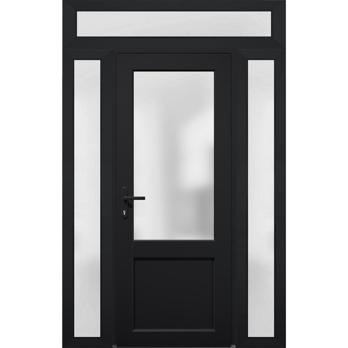 Front Exterior Prehung FiberGlass Door Frosted Glass / Manux 8422 Grey Ash / 2 Sidelight and Transom Window / Office Commercial and Residential Doors Entrance Patio Garage-W14+36+14" x H80+14"-Right-hand Inswing Black