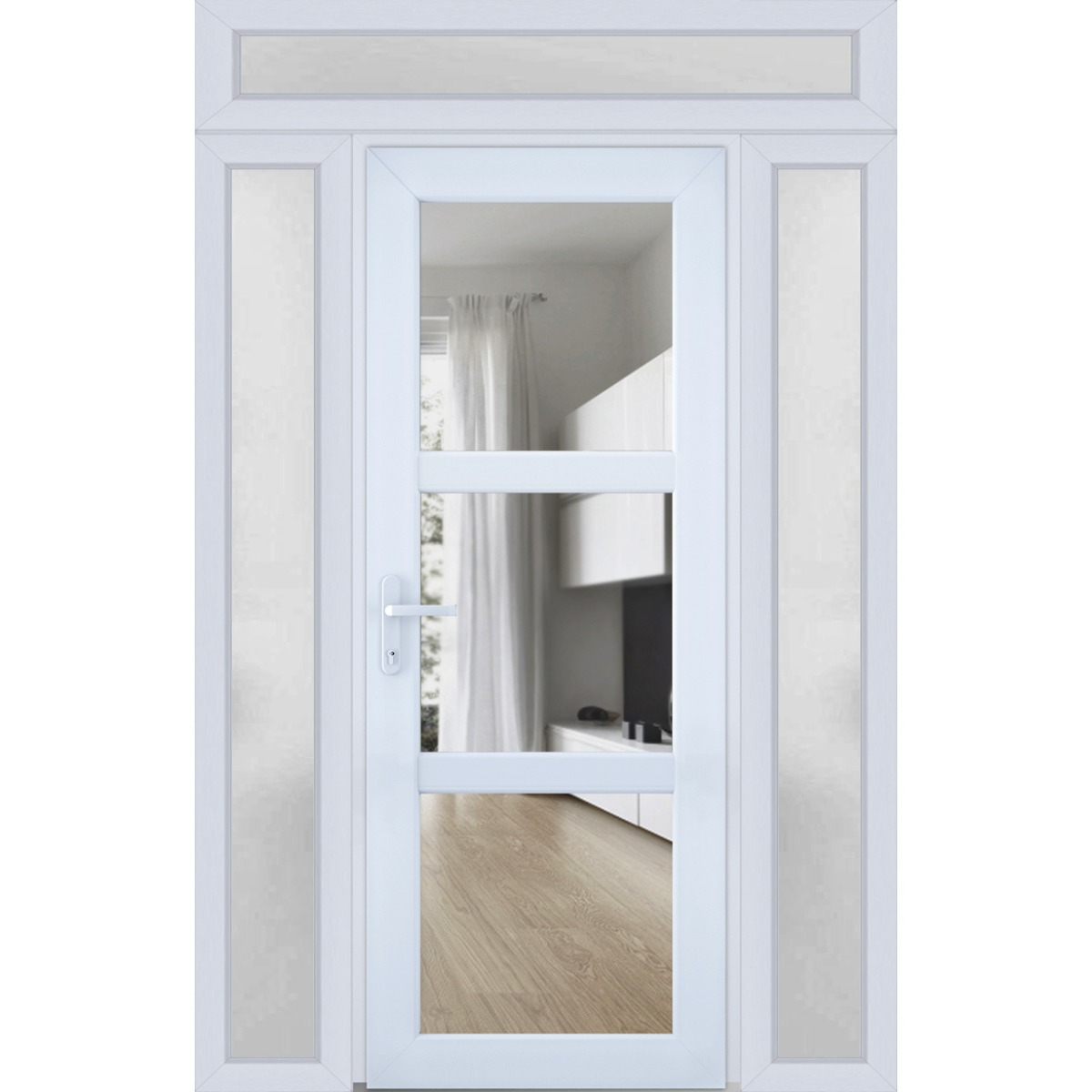 Front Exterior Prehung FiberGlass Door Clear Glass See-through / Manux 8555 White Silk Clear Glass / 2 Sidelight and Transom Window / Office Commercial and Residential Doors Entrance Patio Garage-W12+30+12" x H80+14"-Right-hand Inswing White