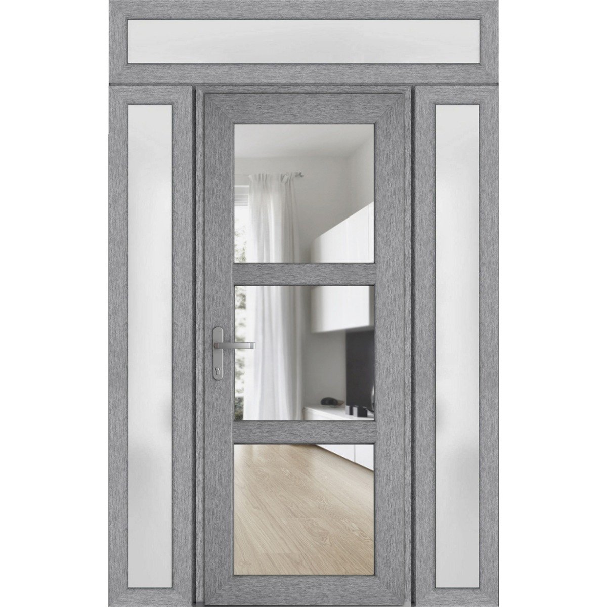 Front Exterior Prehung FiberGlass Door Clear Glass See-through / Manux 8555 White Silk Clear Glass / 2 Sidelight and Transom Window / Office Commercial and Residential Doors Entrance Patio Garage-W16+36+16" x H80+14"-Right-hand Inswing Gray Ash