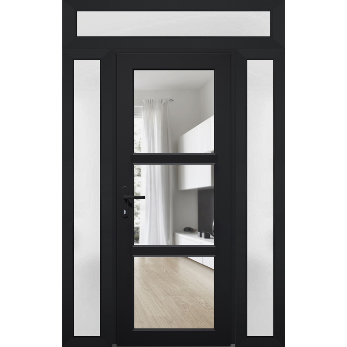 Front Exterior Prehung FiberGlass Door Clear Glass See-through / Manux 8555 White Silk Clear Glass / 2 Sidelight and Transom Window / Office Commercial and Residential Doors Entrance Patio Garage-W12+30+12" x H80+14"-Right-hand Inswing Black