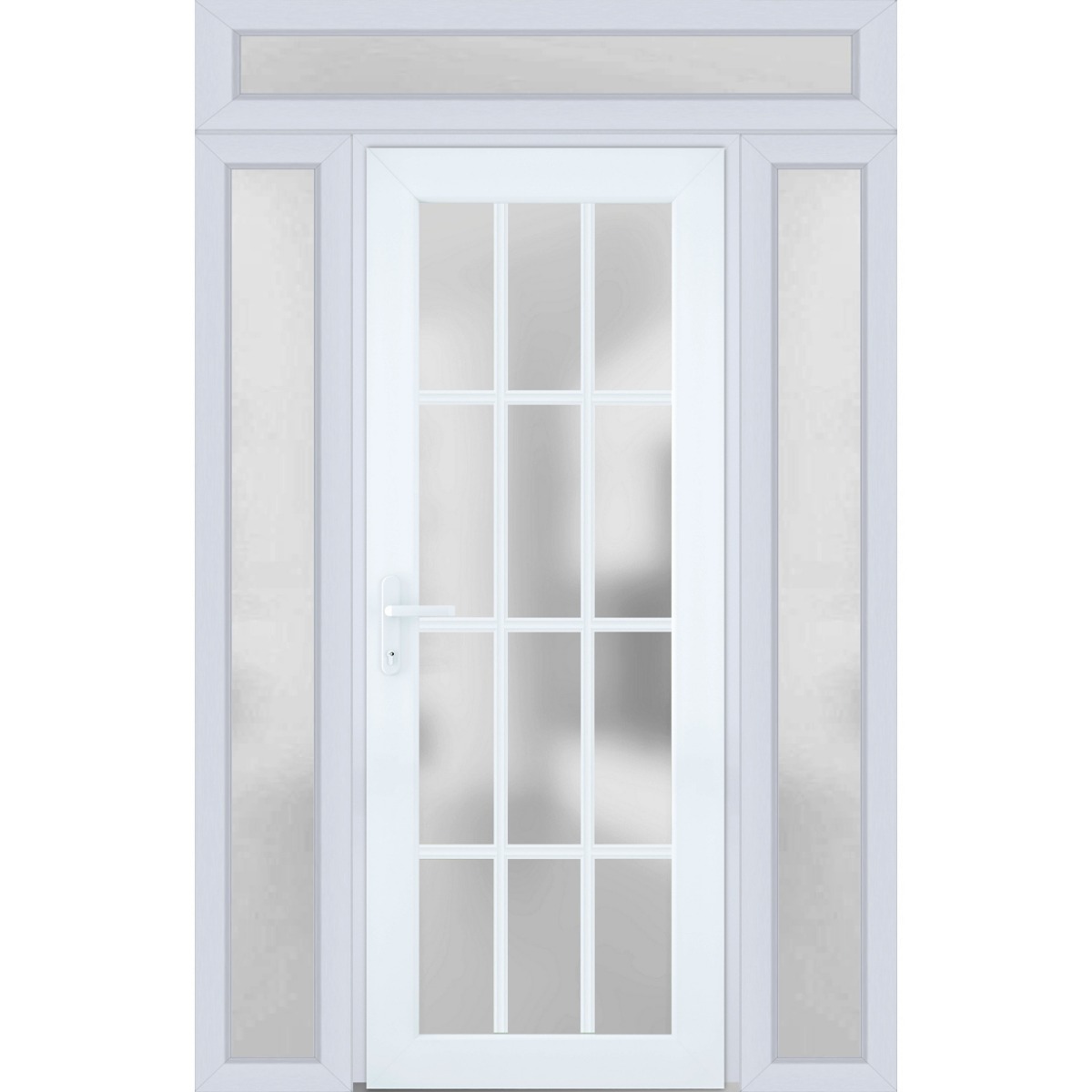 Front Exterior Prehung FiberGlass Door Frosted Glass / Manux 8312 Grey Ash / 2 Sidelight and Transom Window / Office Commercial and Residential Doors Entrance Patio Garage-W16+36+16" x H80+14"-Right-hand Inswing White