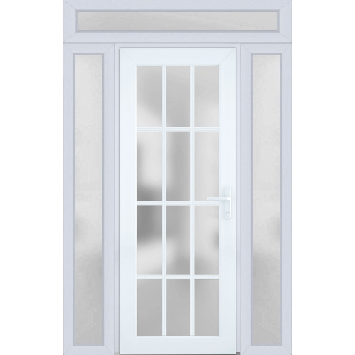 Front Exterior Prehung FiberGlass Door Frosted Glass / Manux 8312 Grey Ash / 2 Sidelight and Transom Window / Office Commercial and Residential Doors Entrance Patio Garage-W14+36+14" x H80+14"-Left-hand Inswing White