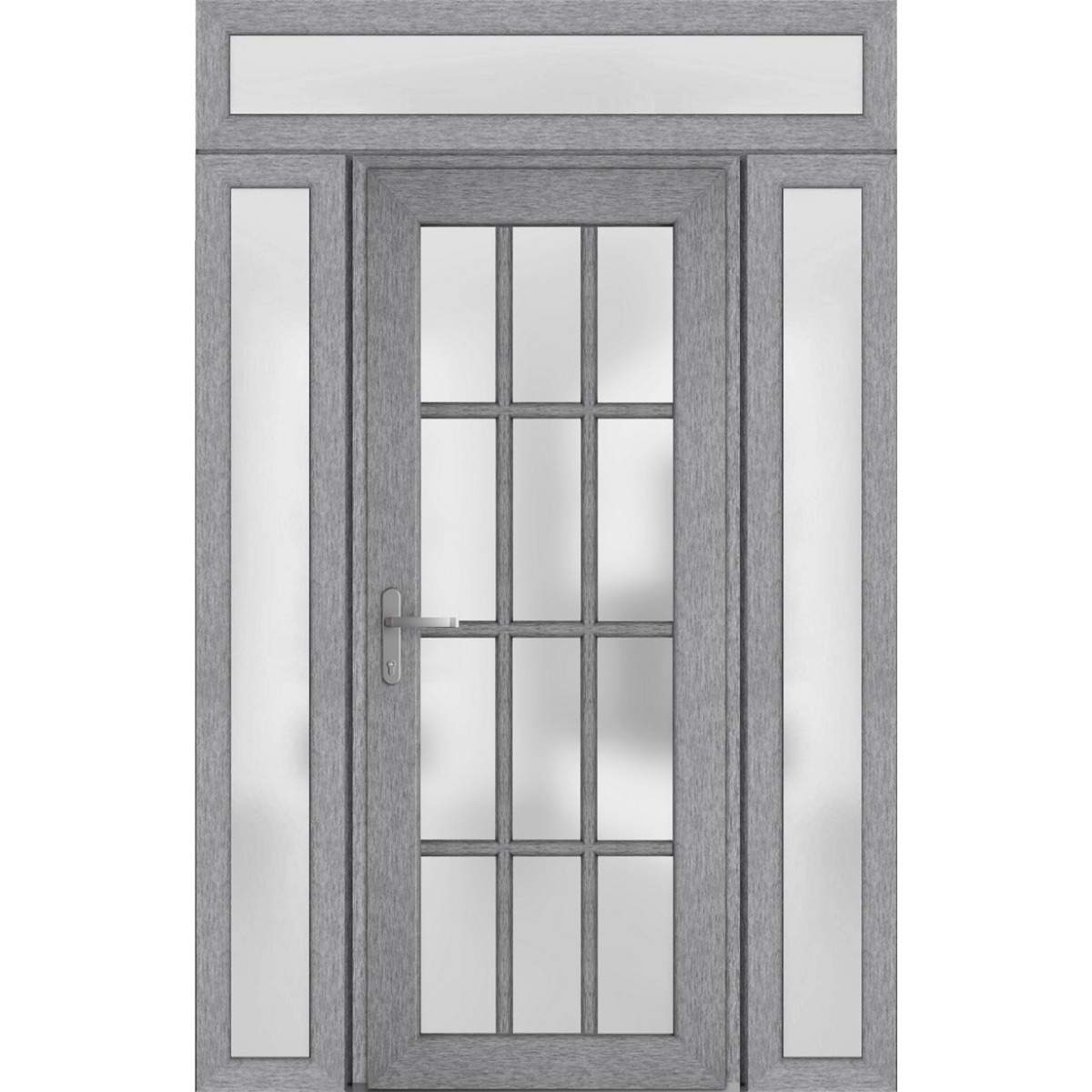 Front Exterior Prehung FiberGlass Door Frosted Glass / Manux 8312 Grey Ash / 2 Sidelight and Transom Window / Office Commercial and Residential Doors Entrance Patio Garage-W16+36+16" x H80+14"-Right-hand Inswing Gray Ash