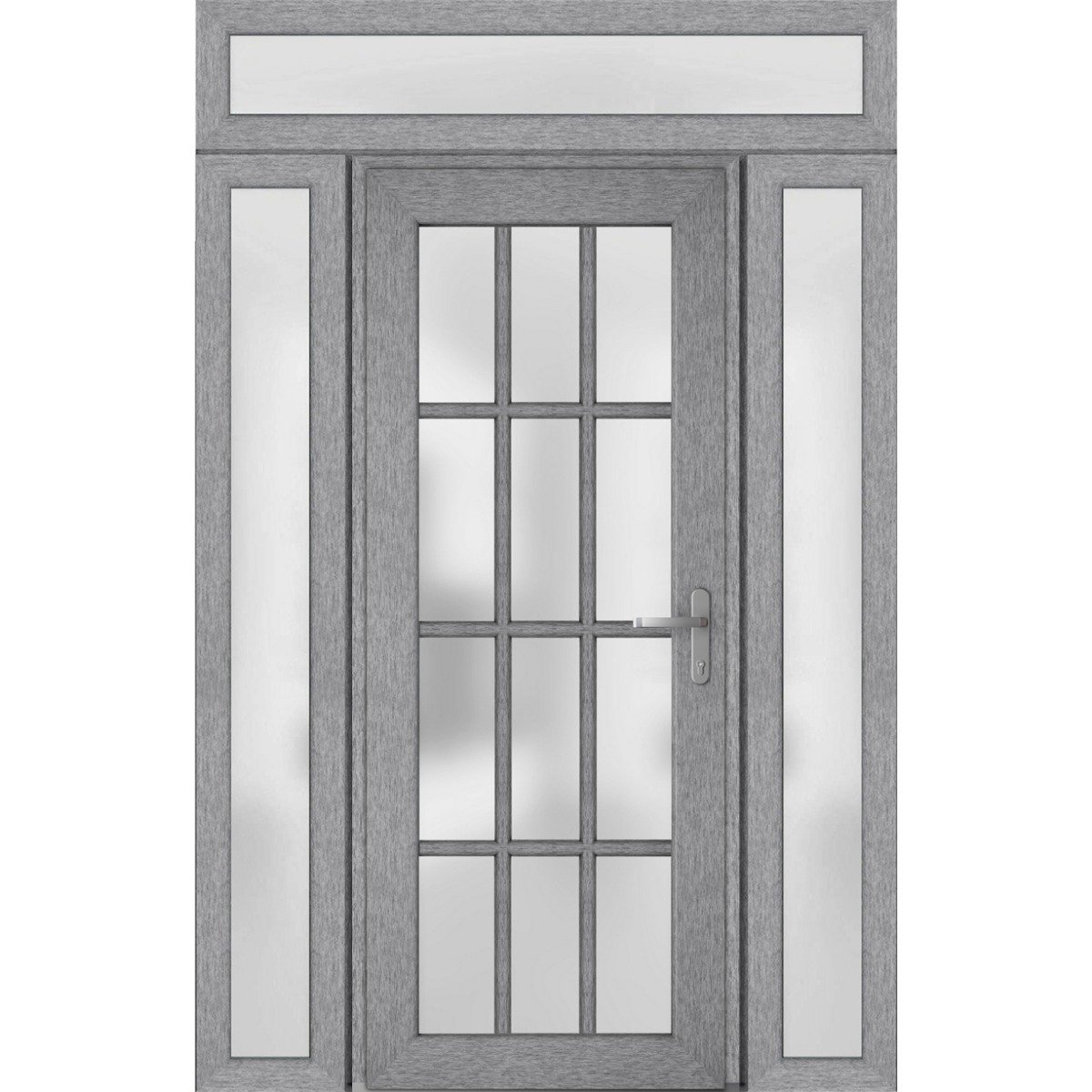 Front Exterior Prehung FiberGlass Door Frosted Glass / Manux 8312 Grey Ash / 2 Sidelight and Transom Window / Office Commercial and Residential Doors Entrance Patio Garage-W14+36+14" x H80+14"-Left-hand Inswing Gray Ash