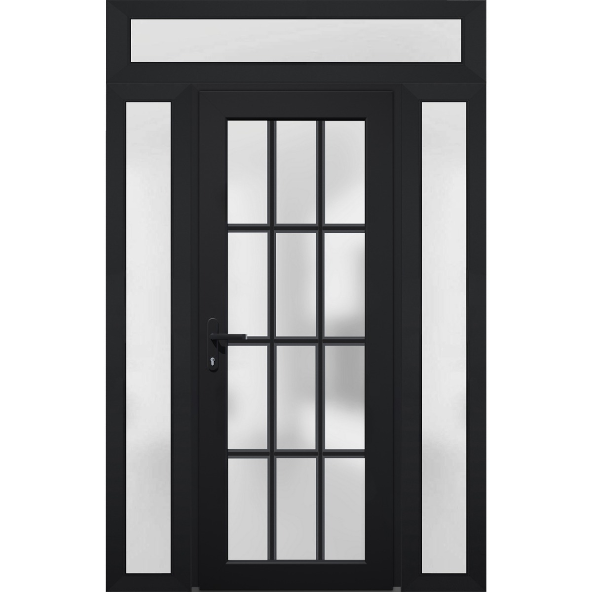 Front Exterior Prehung FiberGlass Door Frosted Glass / Manux 8312 Grey Ash / 2 Sidelight and Transom Window / Office Commercial and Residential Doors Entrance Patio Garage-W16+36+16" x H80+14"-Right-hand Inswing Black