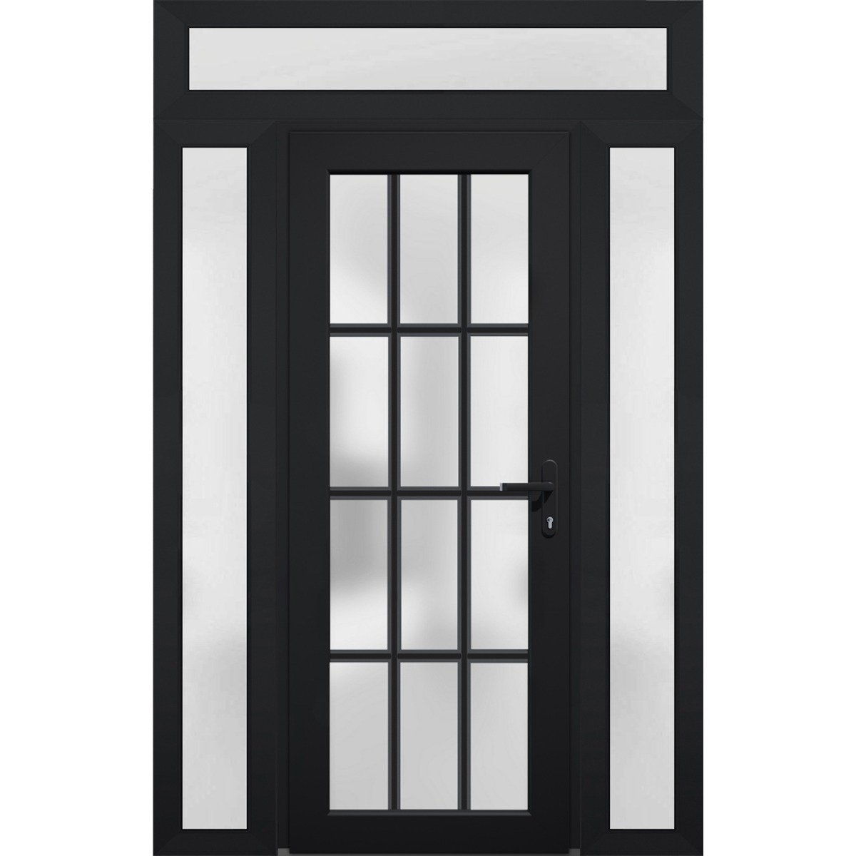 Front Exterior Prehung FiberGlass Door Frosted Glass / Manux 8312 Grey Ash / 2 Sidelight and Transom Window / Office Commercial and Residential Doors Entrance Patio Garage-W14+36+14" x H80+14"-Left-hand Inswing Black