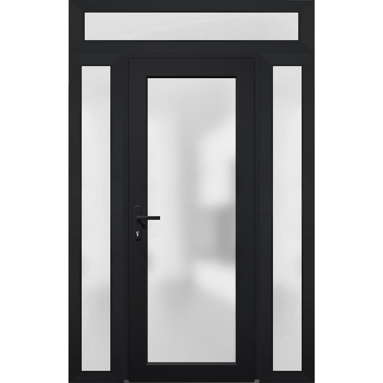 Front Exterior Prehung FiberGlass Door Frosted Glass / Manux 8102 Grey Ash / 2 Sidelight and Transom Window / Office Commercial and Residential Doors Entrance Patio Garage-W14+30+14" x H80+14"-Right-hand Inswing Black