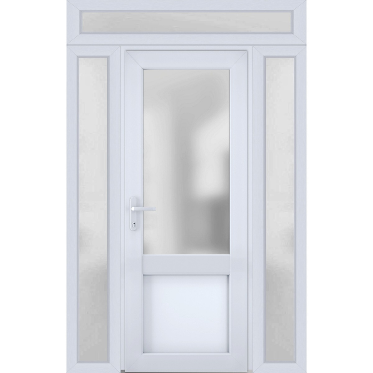 Front Exterior Prehung FiberGlass Door Frosted Glass / Manux 8422 Grey Ash / 2 Sidelight and Transom Window / Office Commercial and Residential Doors Entrance Patio Garage-W14+36+14" x H80+14"-Right-hand Inswing White