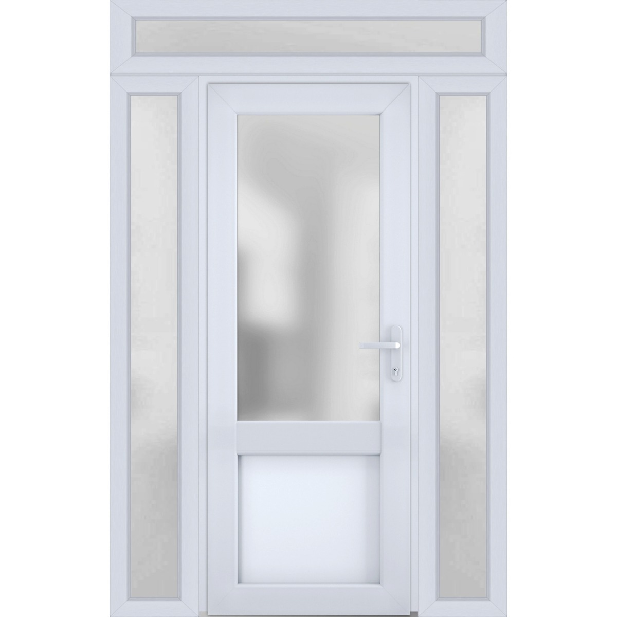 Front Exterior Prehung FiberGlass Door Frosted Glass / Manux 8422 White Silk / 2 Sidelight and Transom Window / Office Commercial and Residential Doors Entrance Patio Garage-W12+36+12" x H80+14"-Left-hand Inswing White