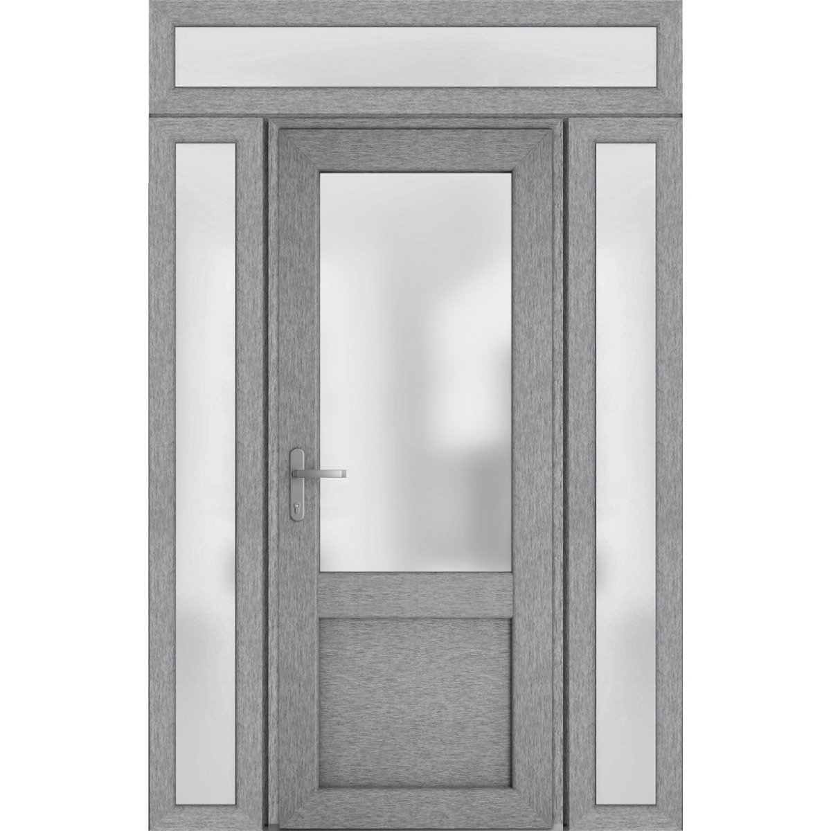 Front Exterior Prehung FiberGlass Door Frosted Glass / Manux 8422 Grey Ash / 2 Sidelight and Transom Window / Office Commercial and Residential Doors Entrance Patio Garage-W14+36+14" x H80+14"-Right-hand Inswing Gray Ash
