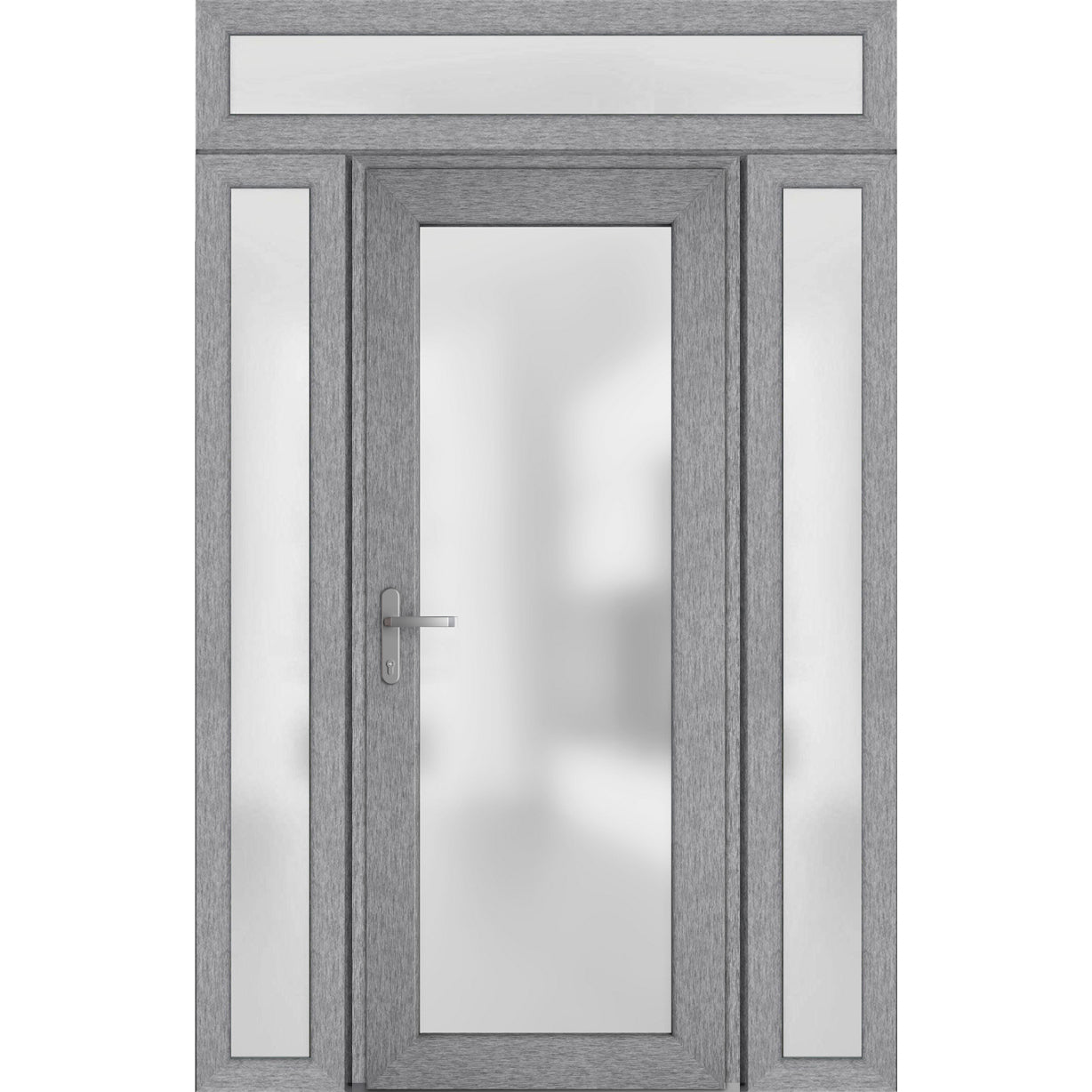 Front Exterior Prehung FiberGlass Door Frosted Glass / Manux 8102 Grey Ash / 2 Sidelight and Transom Window / Office Commercial and Residential Doors Entrance Patio Garage-W14+30+14" x H80+14"-Right-hand Inswing Gray Ash