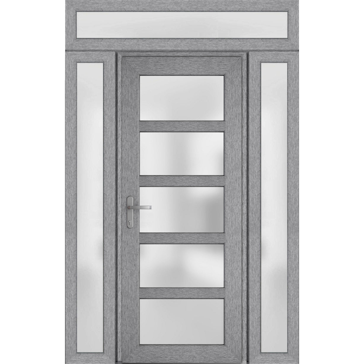 Front Exterior Prehung FiberGlass Door Frosted Glass / Manux 8002 Matte Black / 2 Sidelight and Transom Window / Office Commercial and Residential Doors Entrance Patio Garage-W16+36+16" x H80+14"-Right-hand Inswing Gray Ash