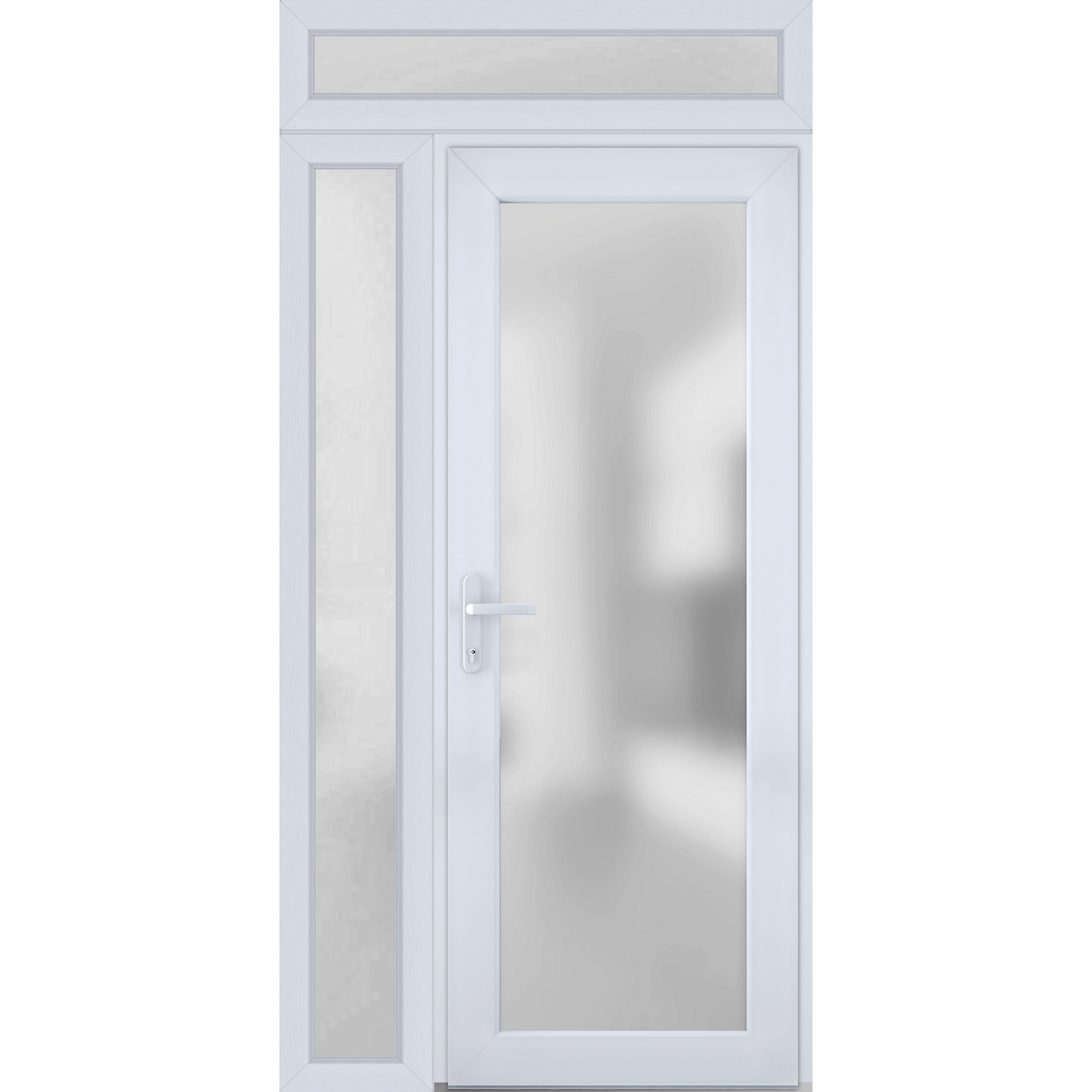 Front Exterior Prehung FiberGlass Door Frosted Glass / Manux 8102 Grey Ash / Sidelight and Transom Window / Office Commercial and Residential Doors Entrance Patio Garage-W36+14" x H80+14"-Right-hand Inswing White
