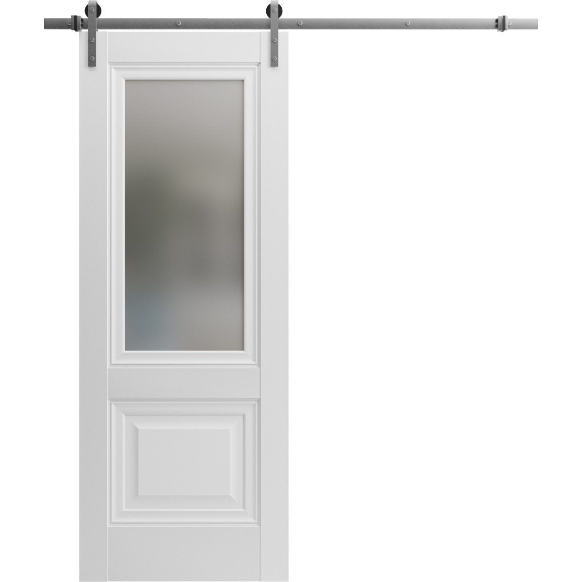Sturdy Barn Door | Lucia 8822 White Silk with Frosted Glass | Silver 6.6FT Rail Hangers Heavy Hardware Set | Solid Panel Interior Doors White