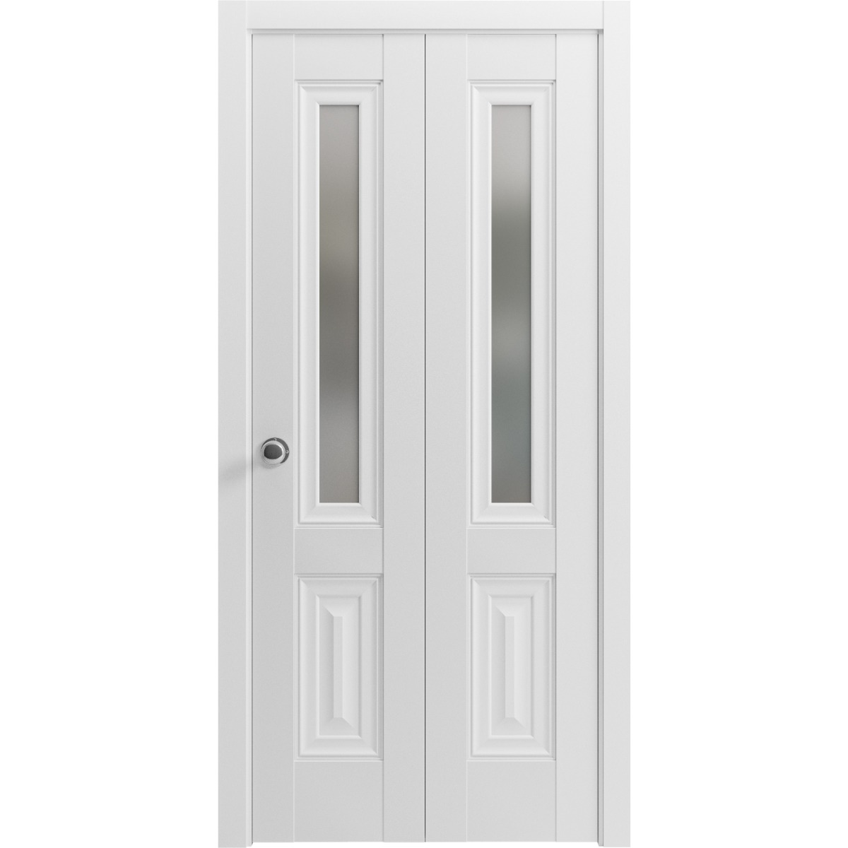 Sliding Closet Bi-fold Doors | Lucia 8822 White Silk with Frosted Glass | Sturdy Tracks Moldings Trims Hardware Set | Wood Solid Bedroom Wardrobe Doors  White