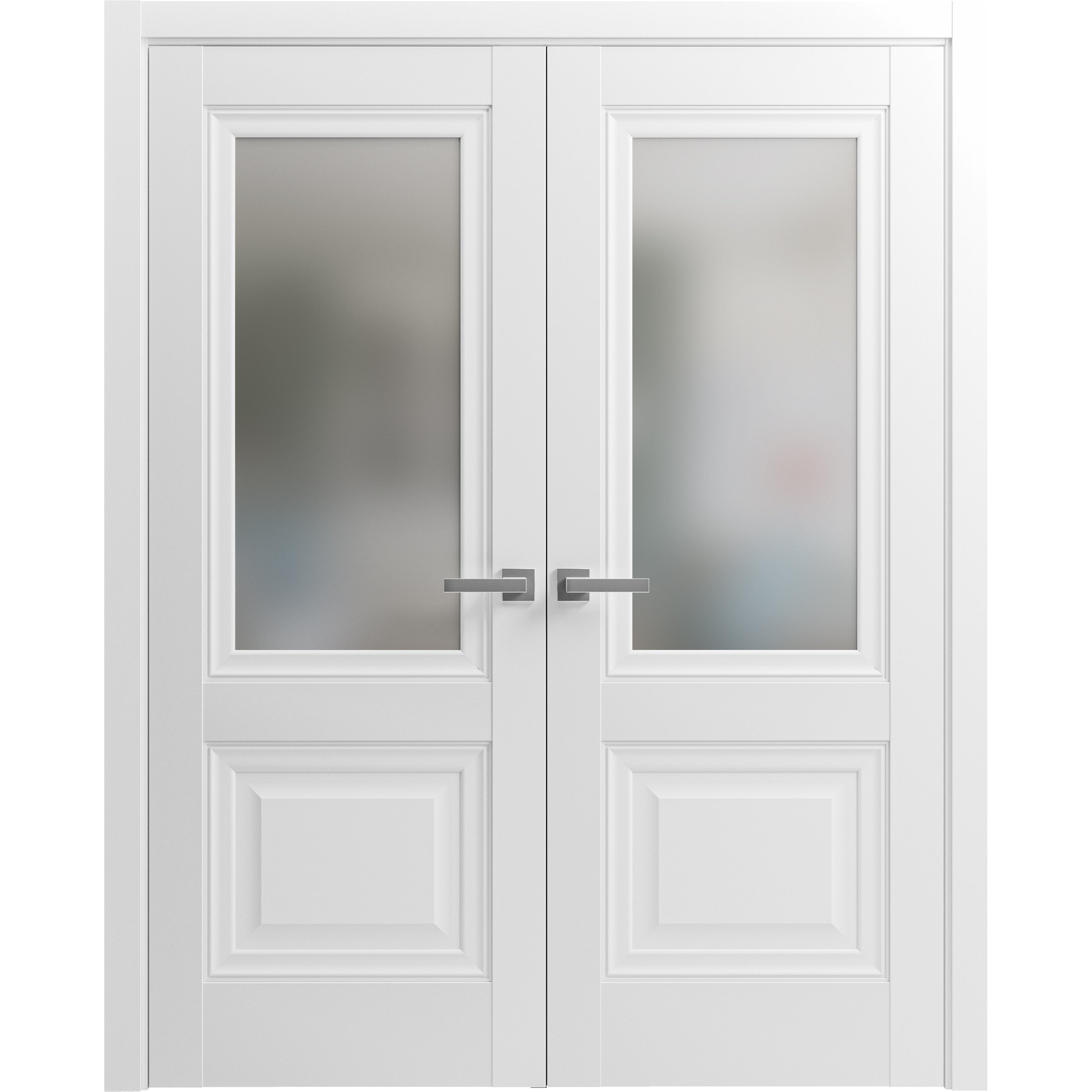 French Double Panel Lite Doors with Hardware | Lucia 8822 White Silk with Frosted Opaque Glass | Panel Frame Trims | Bathroom Bedroom Interior Sturdy Door White