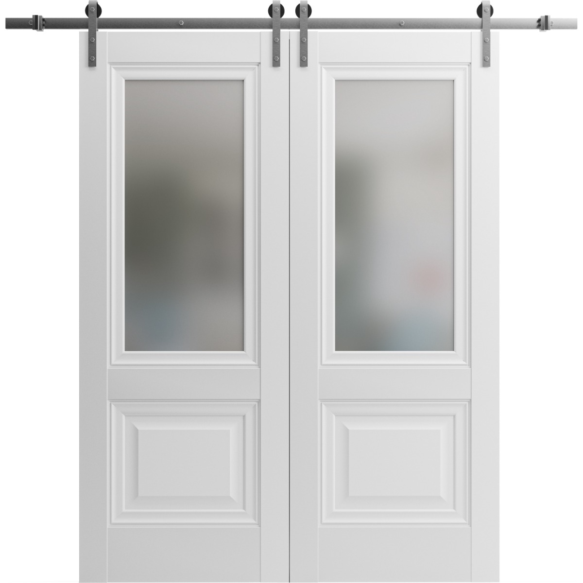 Sturdy Double Barn Door with | Lucia 8822 White Silk with Frosted Glass | Silver 13FT Rail Hangers Heavy Set | Solid Panel Interior Doors White