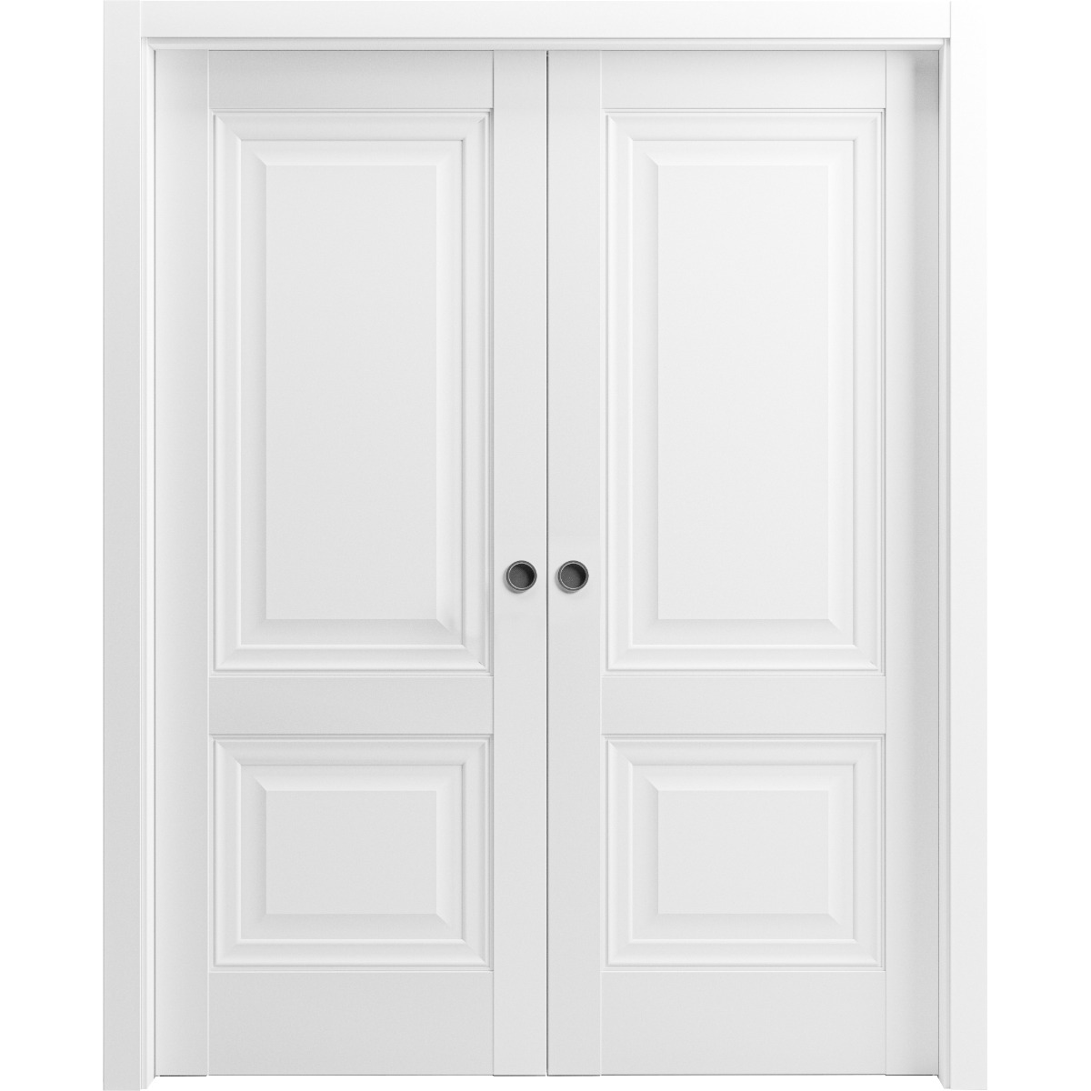 French Double Pocket Doors | Lucia 8831 White Silk | Kit Trims Rail Hardware | Solid Wood Interior Pantry Kitchen Bedroom Sliding Closet Sturdy Door-56" x 80" (2* 28x80) White