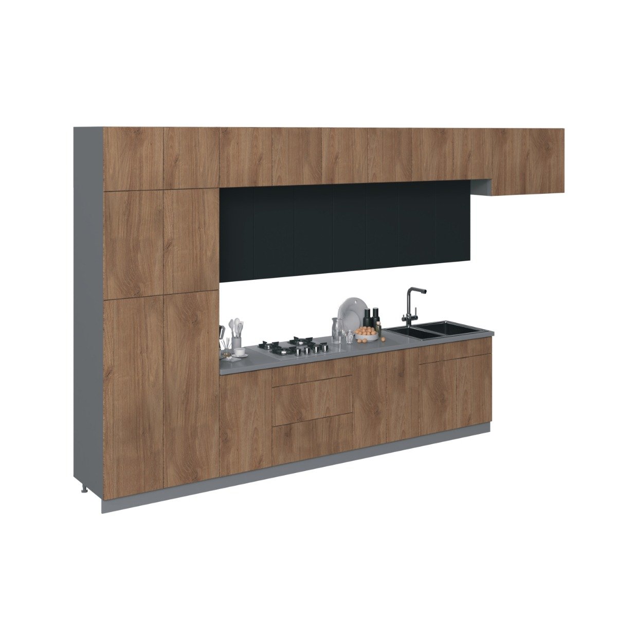 Kitchen Serene Collection Black & White Gloss Color Base Size 15Ft Wide Natural Teak & Black