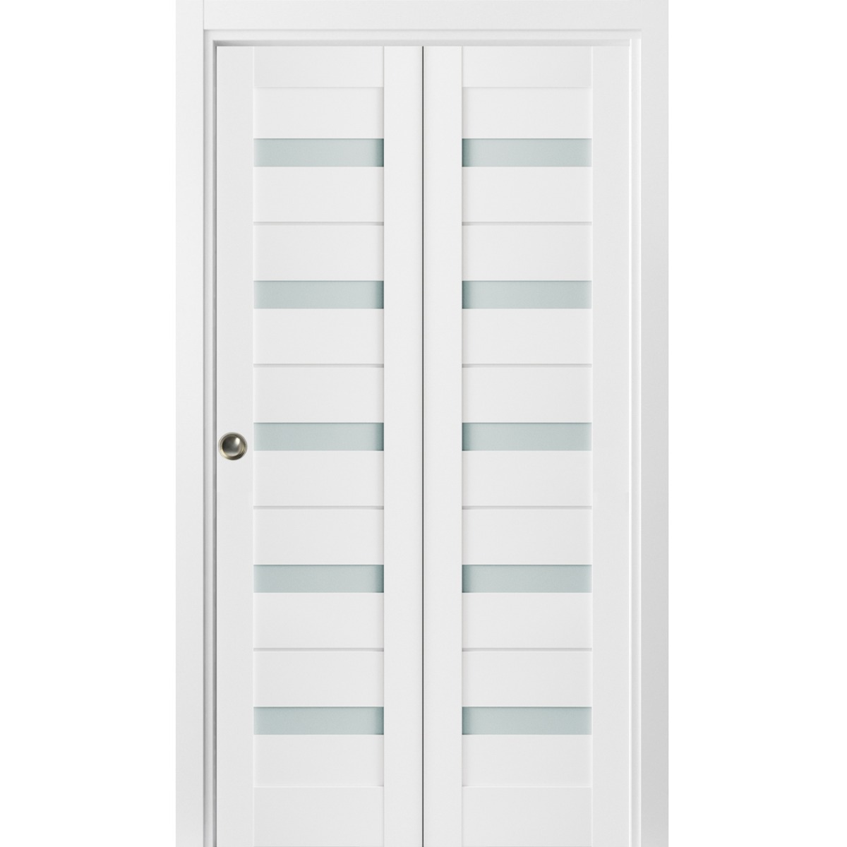 Sliding Closet Bi-fold Doors | Quadro 4445 Nordic White with Frosted Glass | Sturdy Tracks Moldings Trims Hardware Set | Wood Solid Bedroom Wardrobe Doors  White