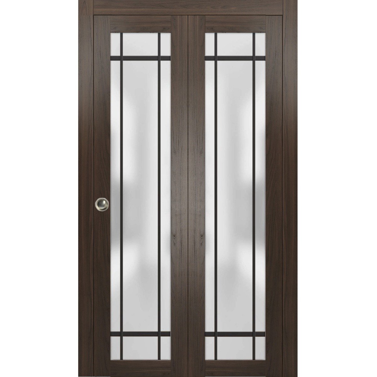 Sliding Closet Bi-fold Doors | Planum 2112 Chocolate Ash with Frosted Glass and Aluminum Strips | Sturdy Tracks Moldings Trims Hardware Set | Wood Solid Bedroom Wardrobe Doors Chocolate Ash