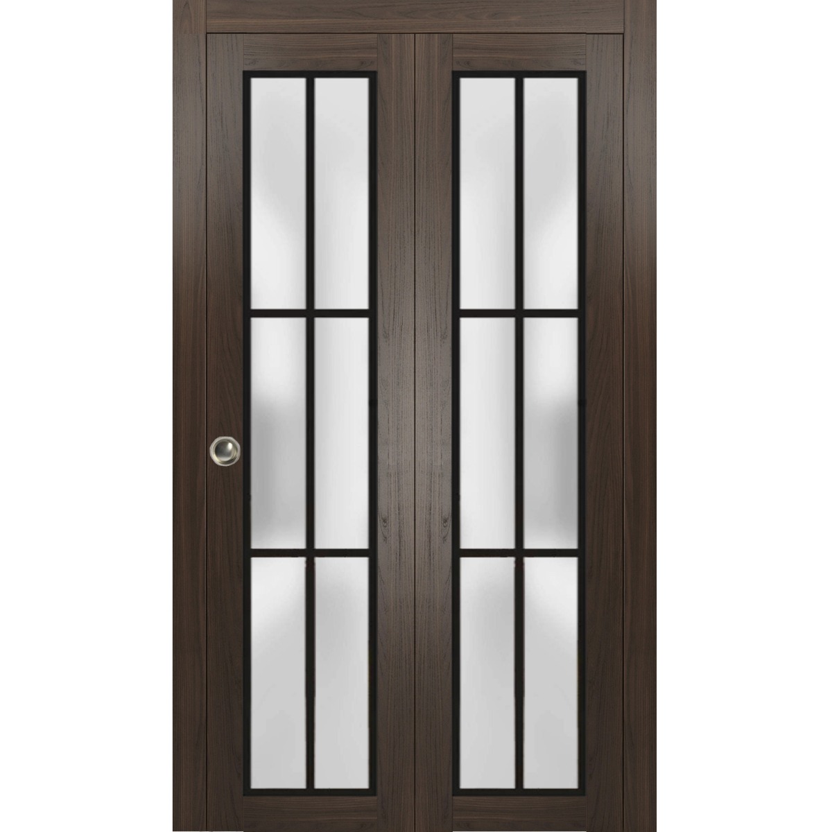 Sliding Closet Bi-fold Doors | Planum 2122 Matte Black with Frosted Glass and Aluminum Strips | Sturdy Tracks Moldings Trims Hardware Set | Wood Solid Bedroom Wardrobe Doors Chocolate Ash