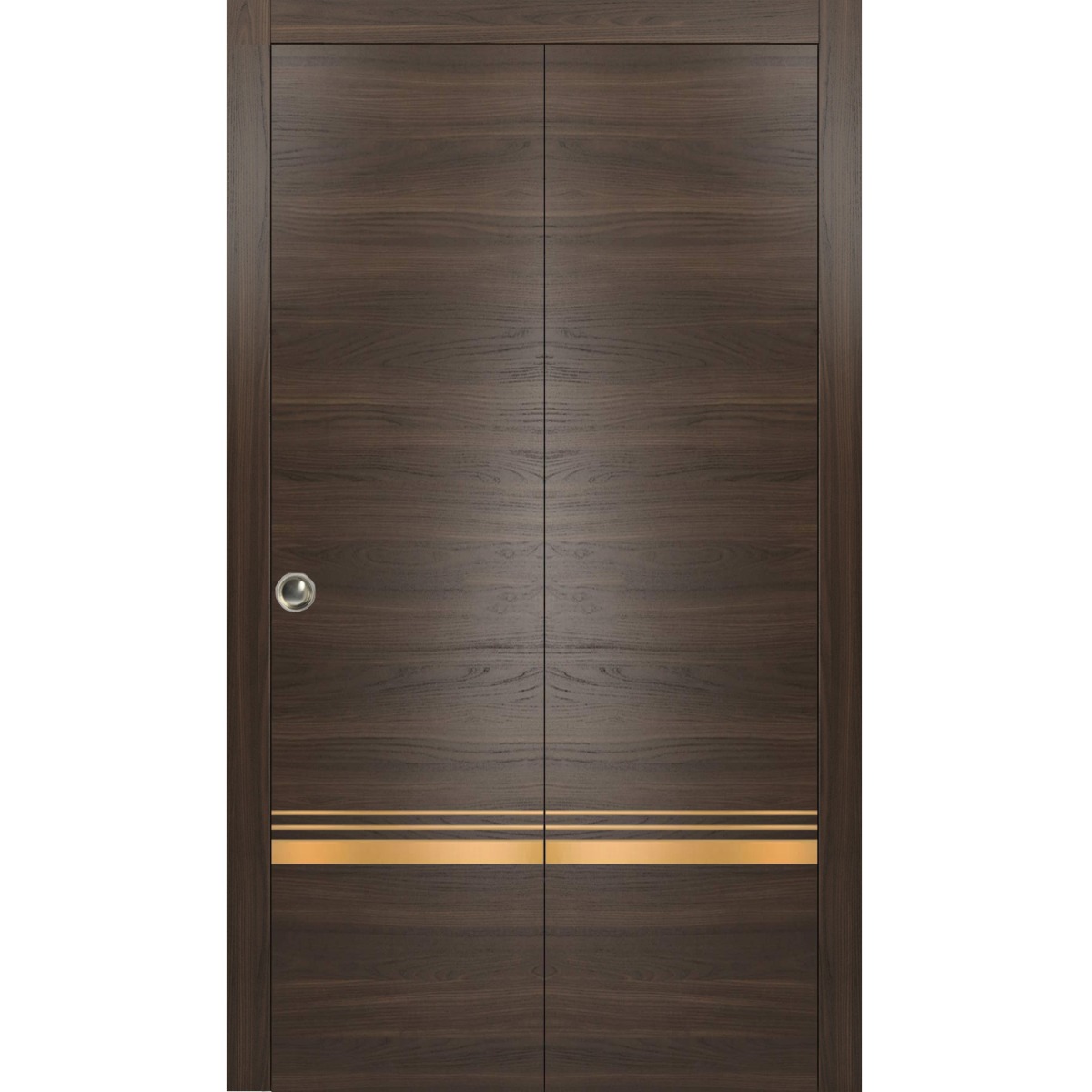 Sliding Closet Bi-fold Doors | Planum 2010 Chocolate Ash and Aluminum Strips | Sturdy Tracks Moldings Trims Hardware Set | Wood Solid Bedroom Wardrobe Doors Chocolate Ash